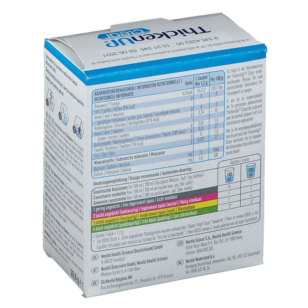 Achterkant van de verpakking ThickenUP clear. Voedingswaarde-informatie, doseringsaanbevelingen, ingrediënten.