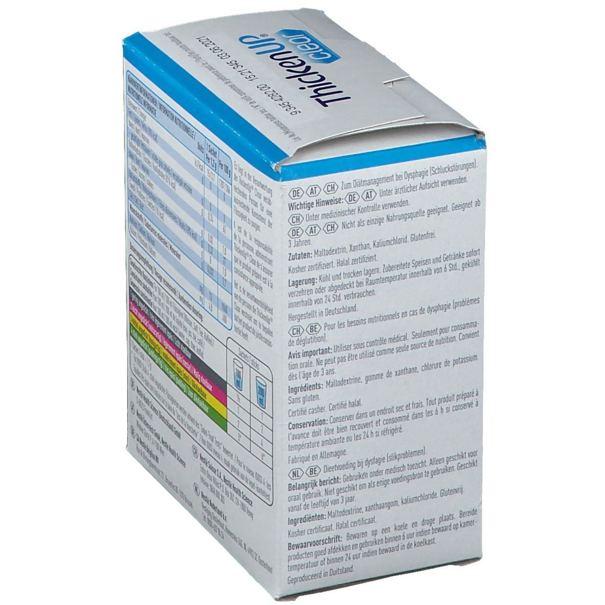 Achterkant van de verpakking ThickenUP clear. Belangrijke medische informatie, opslag, ingrediënten, houdbaarheid.