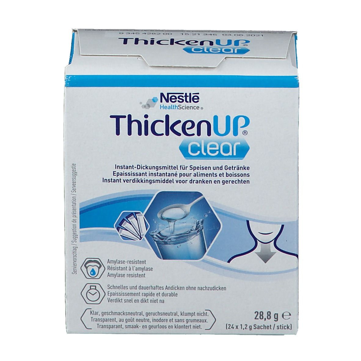 Doos ThickenUP clear. Opschrift: Instant verdikkingsmiddel voor dranken en gerechten. 28,8 g. Logo's en pictogrammen.