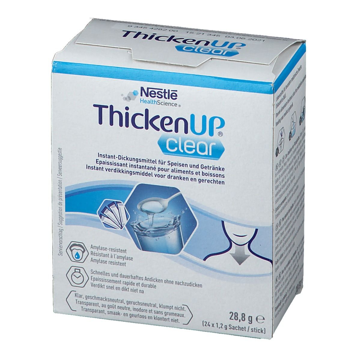 Doos ThickenUP clear. Opschrift: Instant verdikkingsmiddel voor dranken en gerechten. 28,8 g. Logo's en pictogrammen.