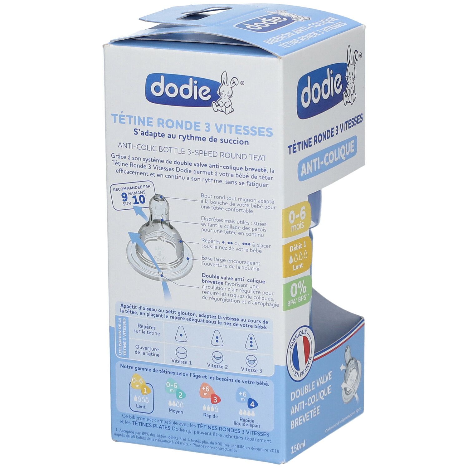 Emballage avec illustration de biberon. Inscriptions: dodie, Anti-colique, 0-6 mois, 150 ml. Informations et illustrations.