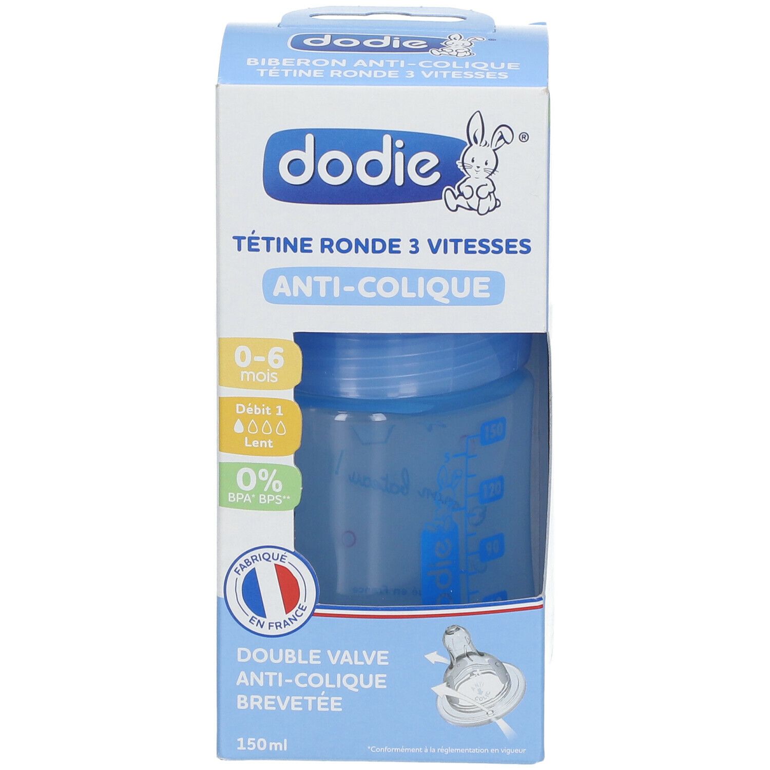 Biberon dans son emballage. Inscriptions: dodie, Anti-colique, 0-6 mois, 150 ml. Biberon bleu avec échelle graduée.
