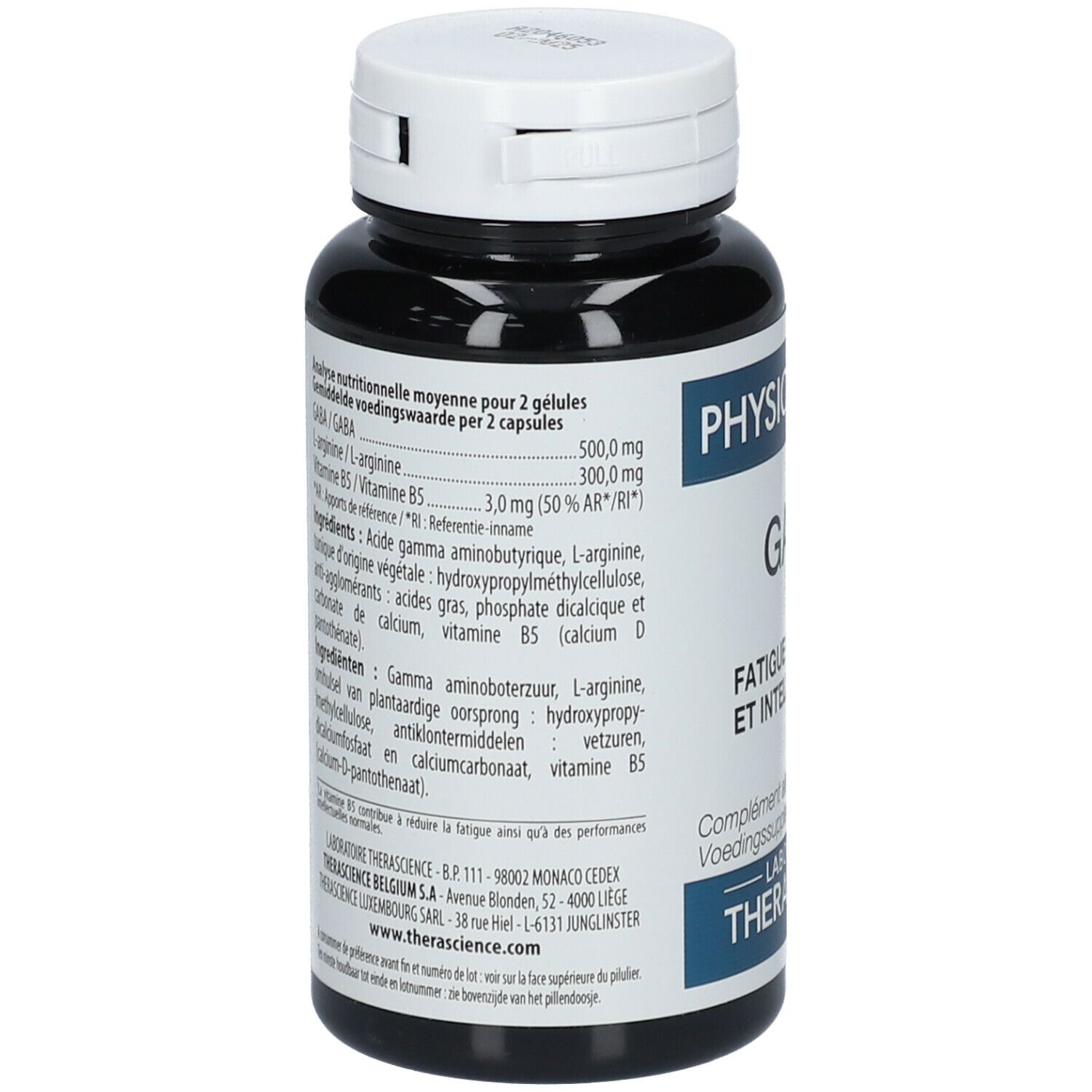Dos du flacon. Liste des ingrédients et informations nutritionnelles. PHYSIOMANCE GABA. Therascience.