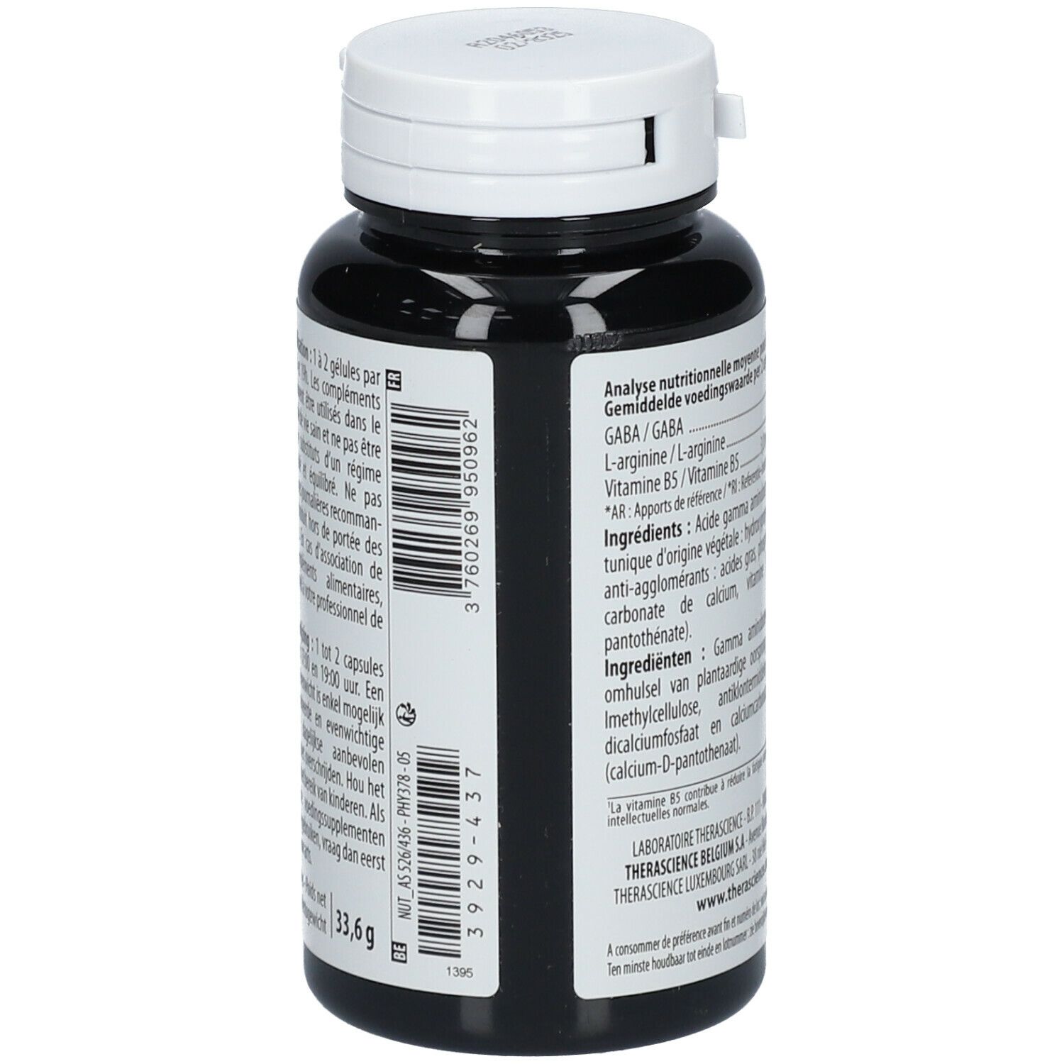 Dos du flacon. Code-barres et analyse nutritionnelle. PHYSIOMANCE GABA. Therascience.