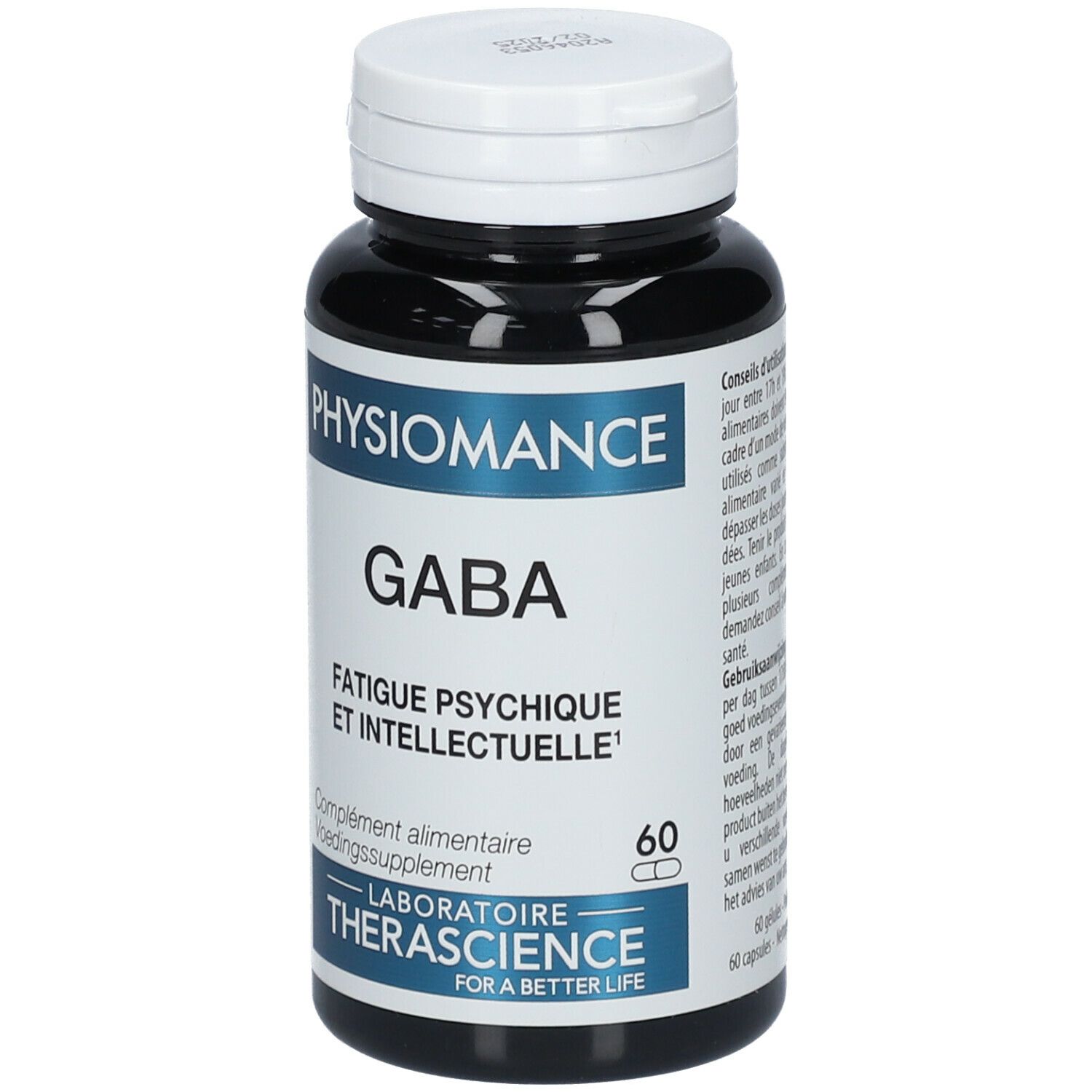 Flacon noir, bouchon blanc. Inscription PHYSIOMANCE GABA. Complément alimentaire. 60 gélules.