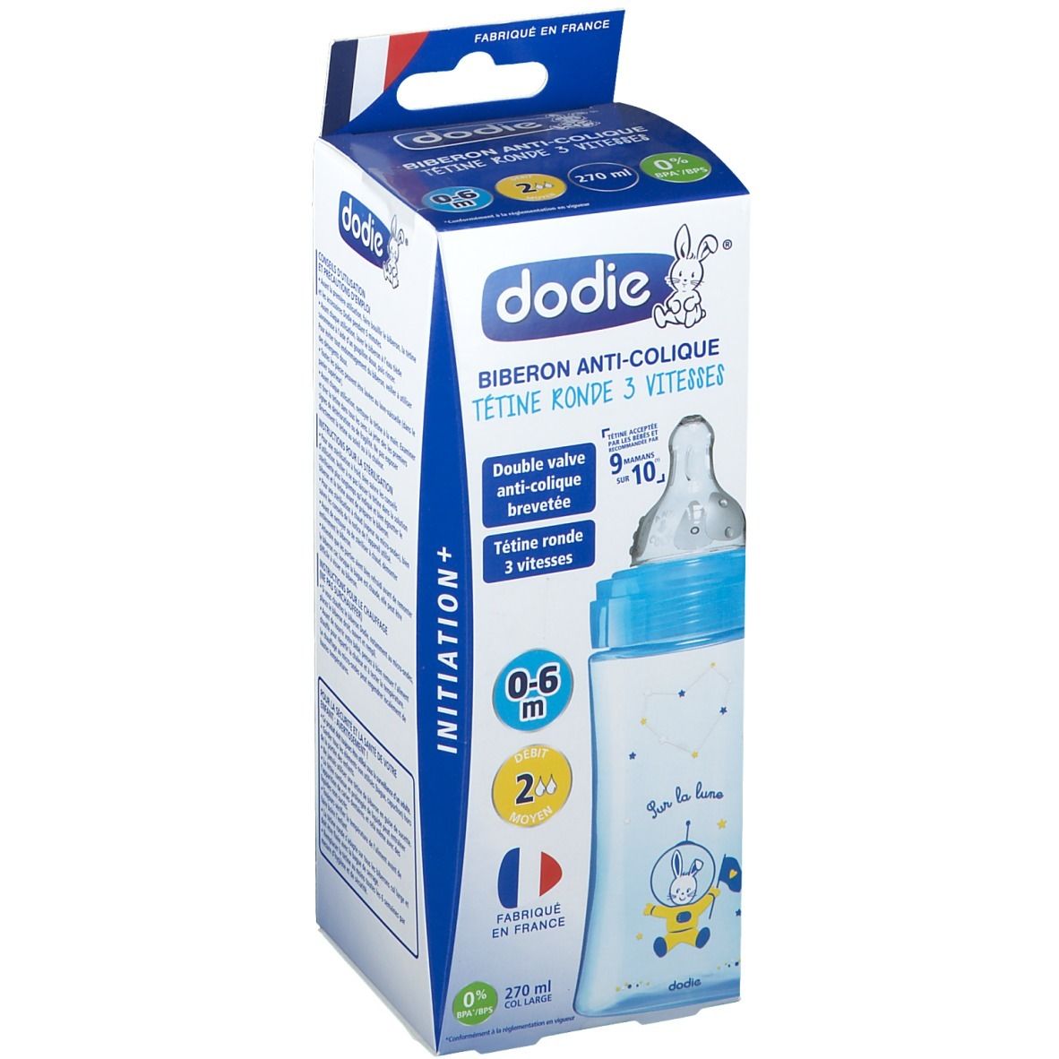 Biberon Dodie en boîte. Biberon bleu avec motifs étoiles et astronaute. 0-6 mois, 270 ml.