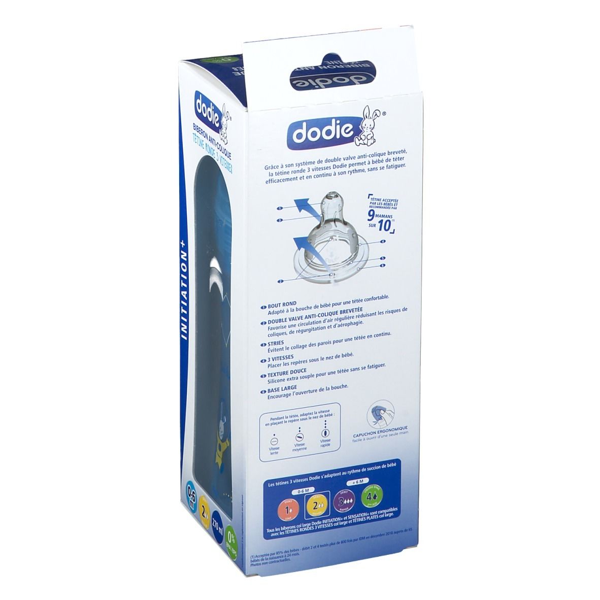 Boîte de biberon Dodie. Dos avec informations et illustrations du produit. Contient des informations d'utilisation.