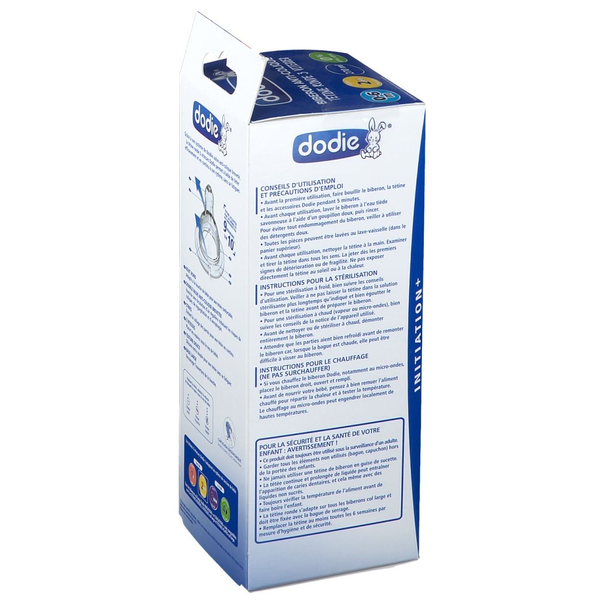 Boîte de biberon Dodie. Dos avec informations et illustrations du produit. Contient des informations d'utilisation.