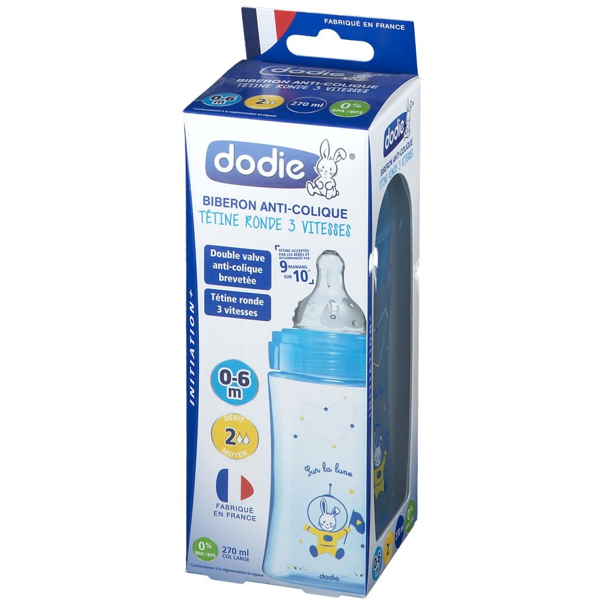 Biberon Dodie en boîte. Biberon bleu avec motifs étoiles et astronaute. 0-6 mois, 270 ml.
