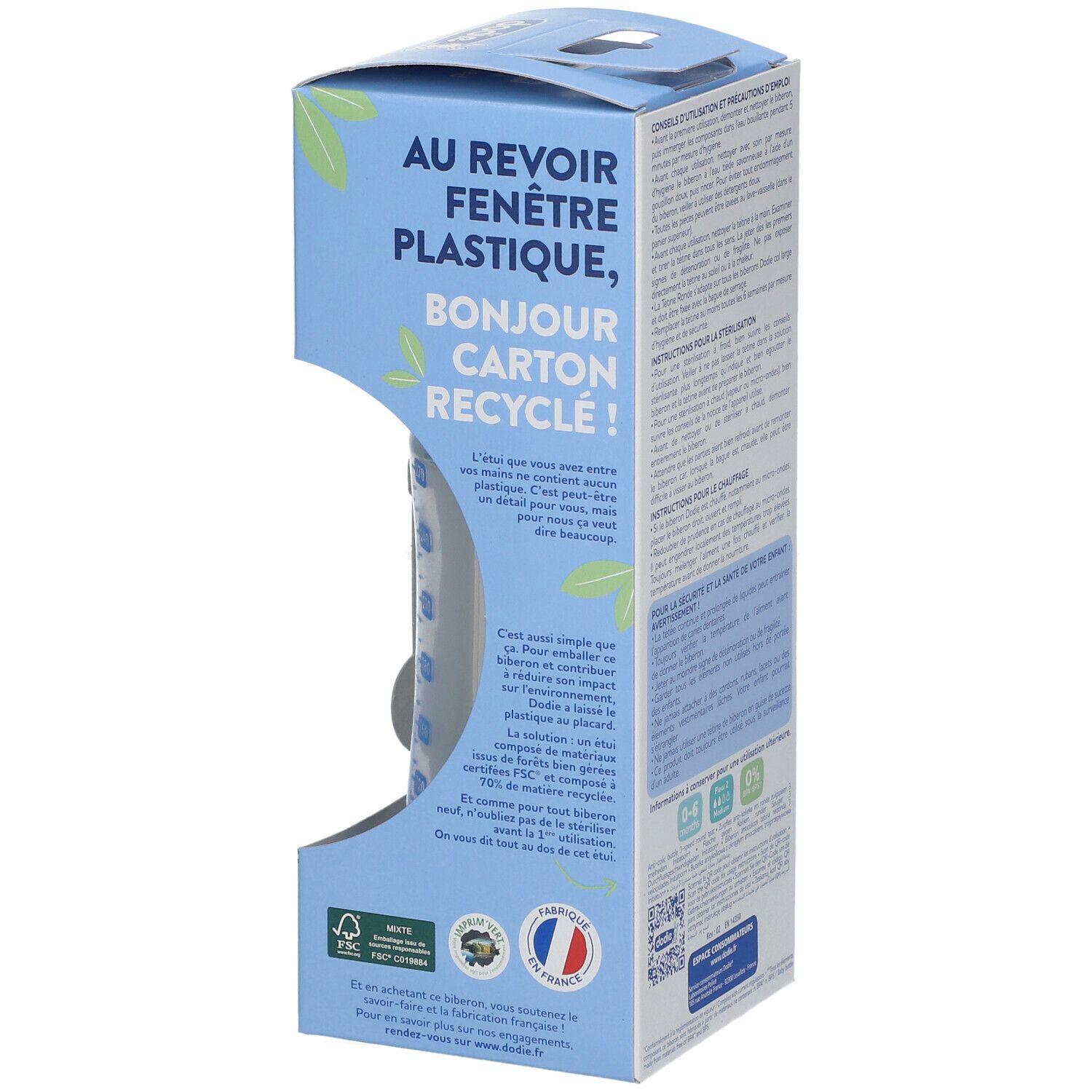 Emballage avec nom et logo du produit. Texte : « Au revoir fenêtre plastique, bonjour carton recyclé ».