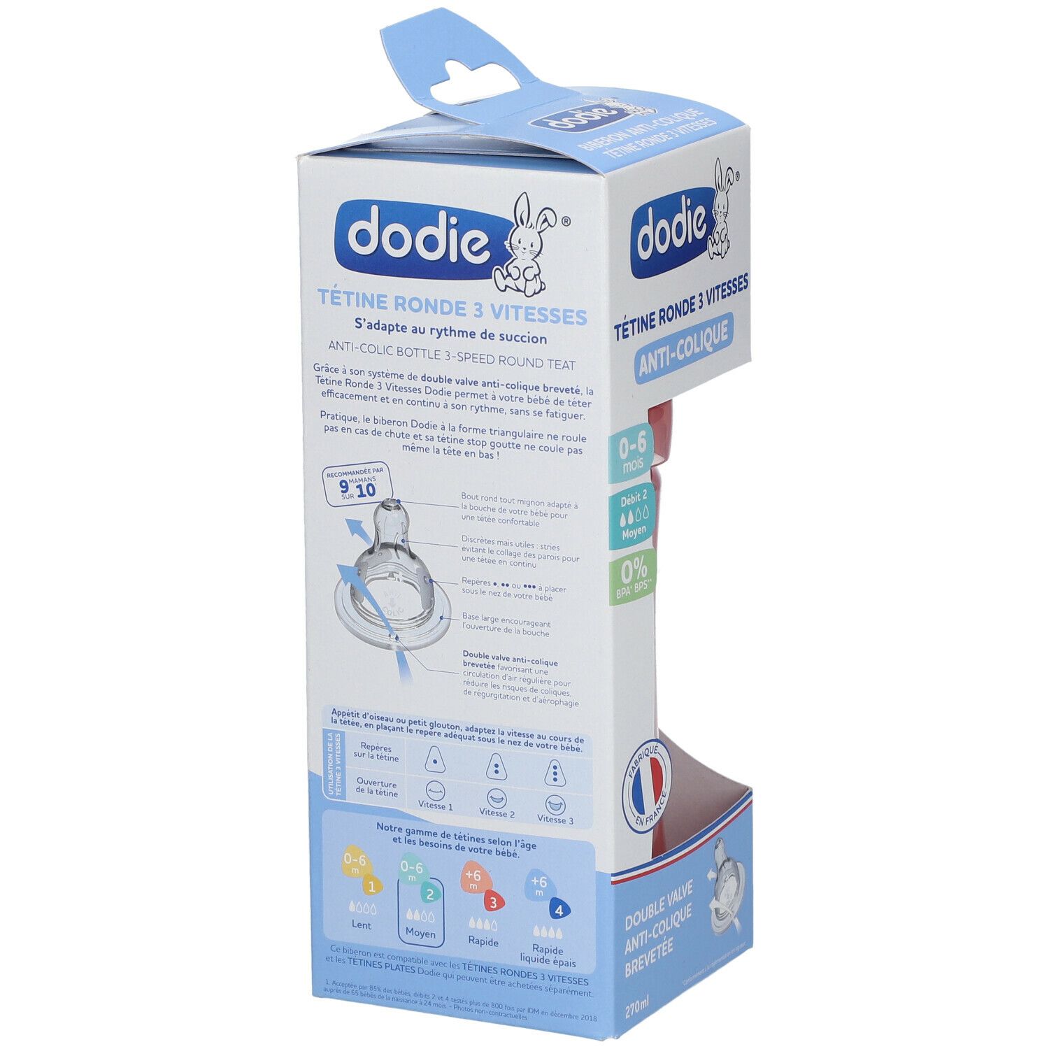 Emballage avec informations produit. Montre une tétine ronde 3 vitesses anti-colique. Nom et logo du produit.