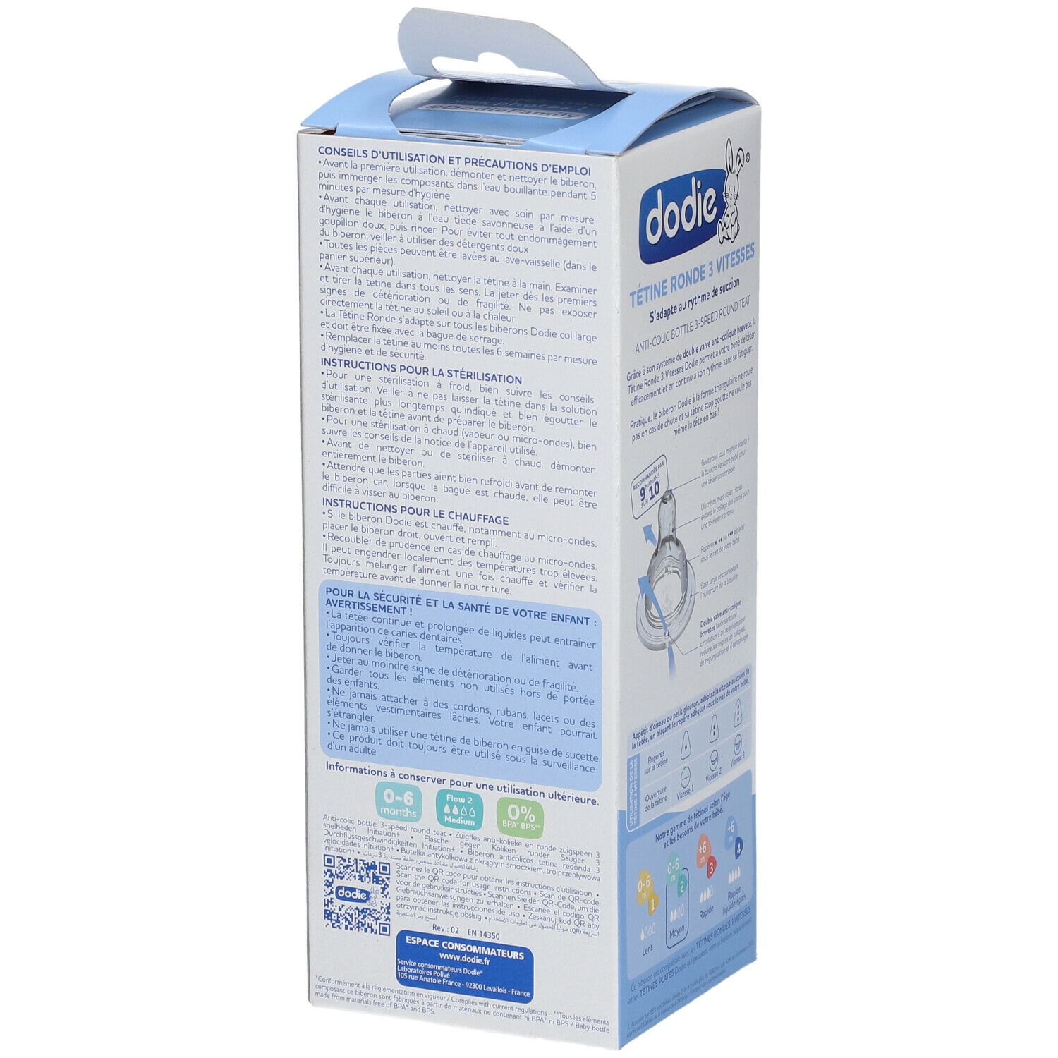 Dos de l'emballage du produit. Contient des informations d'utilisation et de sécurité. Nom et logo du produit.