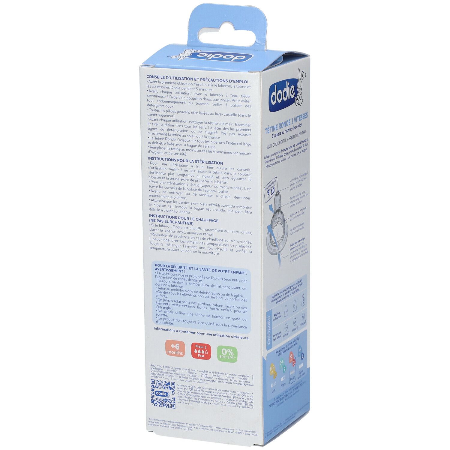 Emballage avec informations produit. Conseils d'utilisation et de stérilisation. Graphiques et pictogrammes.
