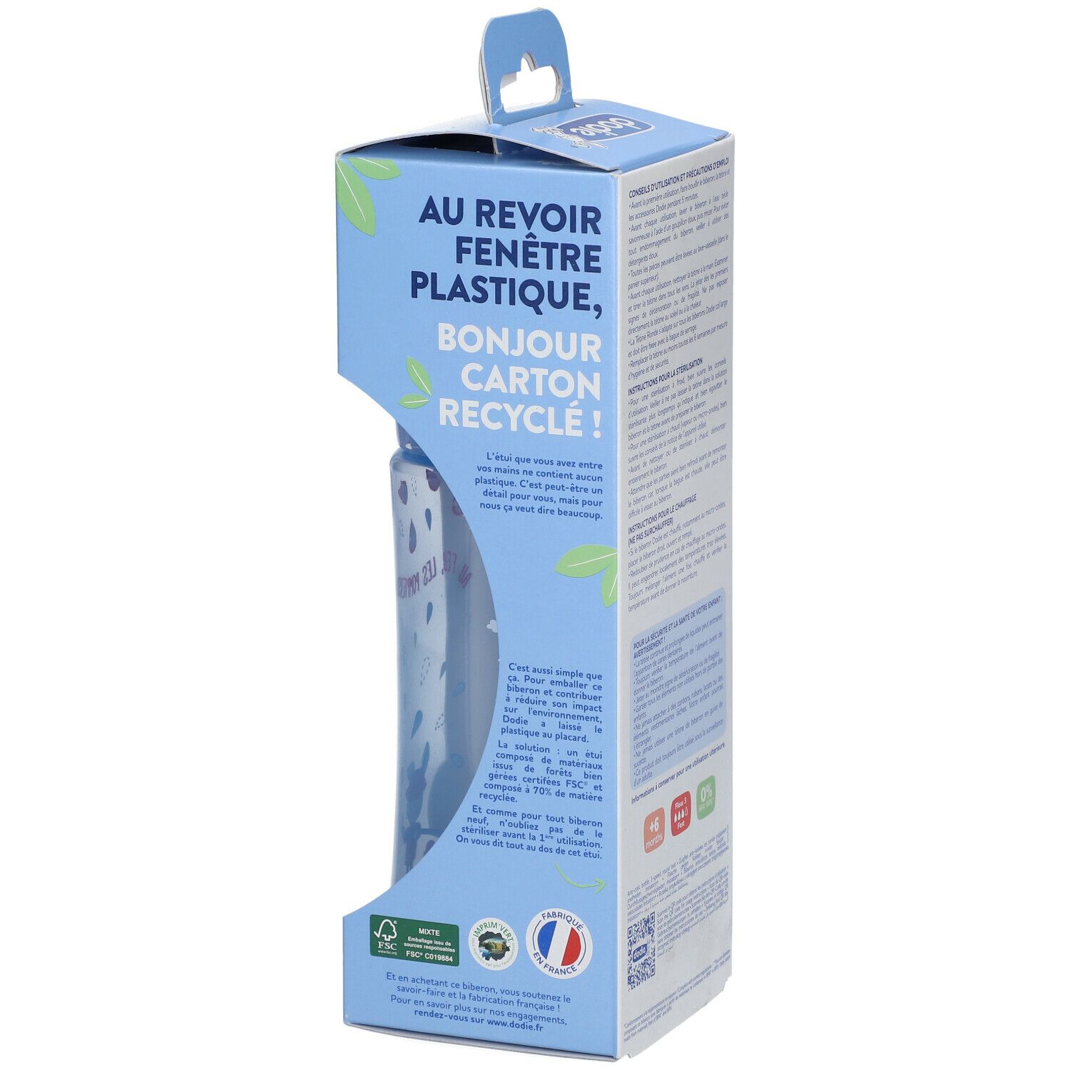 Emballage avec informations produit. Texte : « Au revoir fenêtre plastique, bonjour carton recyclé ! » Graphiques et pictogrammes.