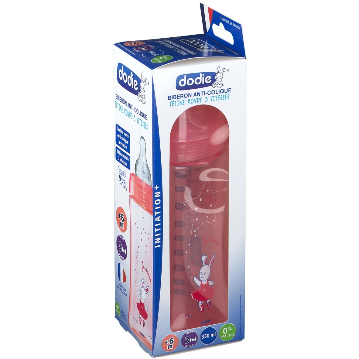 Babyflasche in Verpackung. Rosa Flasche mit Messskala, +6 Monate. Aufdruck: Dodie, Anti-Kolik.