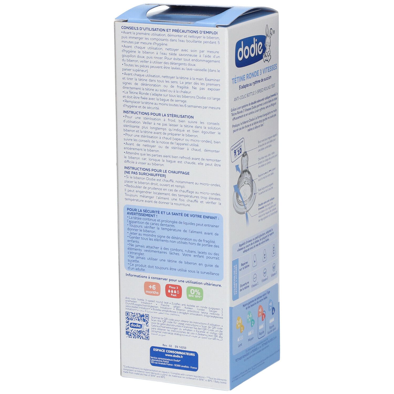 Rückseite der Verpackung. Text und Illustrationen. Informationen zur Verwendung und Sterilisation der Flasche.