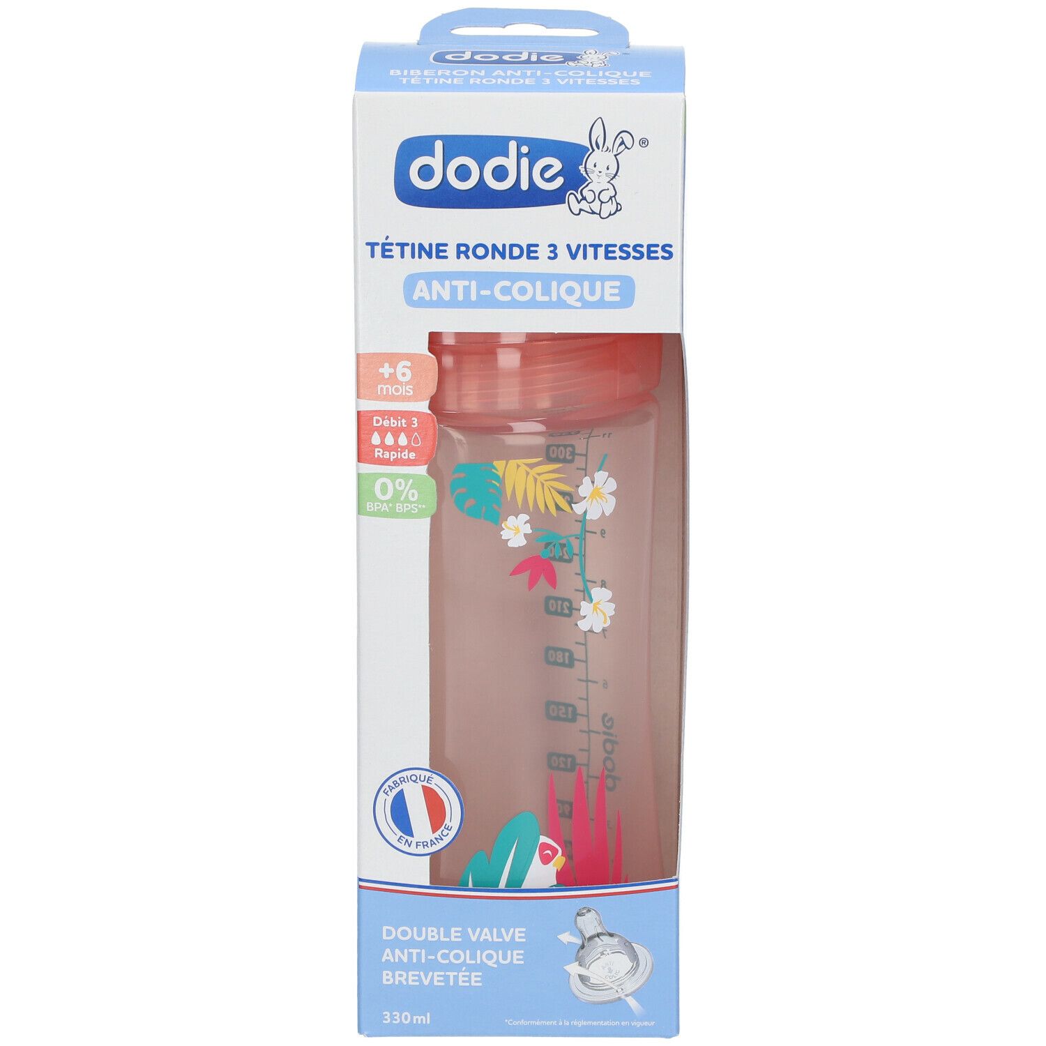 Babyflasche in Verpackung. Rosa Flasche mit Blumenmuster, +6 Monate. Aufdruck: Dodie, Anti-Kolik.