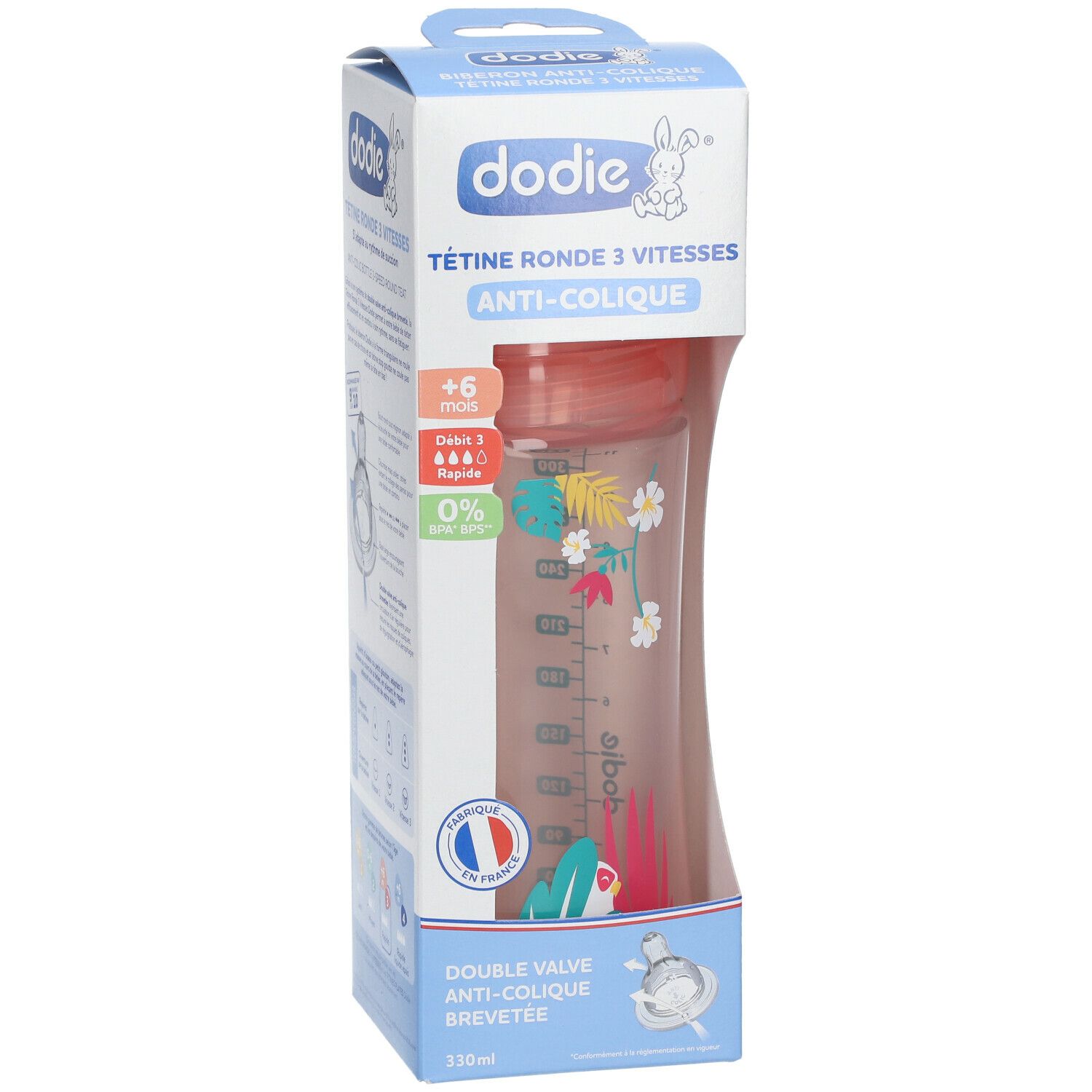 Babyflasche in Verpackung. Rosa Flasche mit Blumenmuster, +6 Monate. Aufdruck: Dodie, Anti-Kolik.