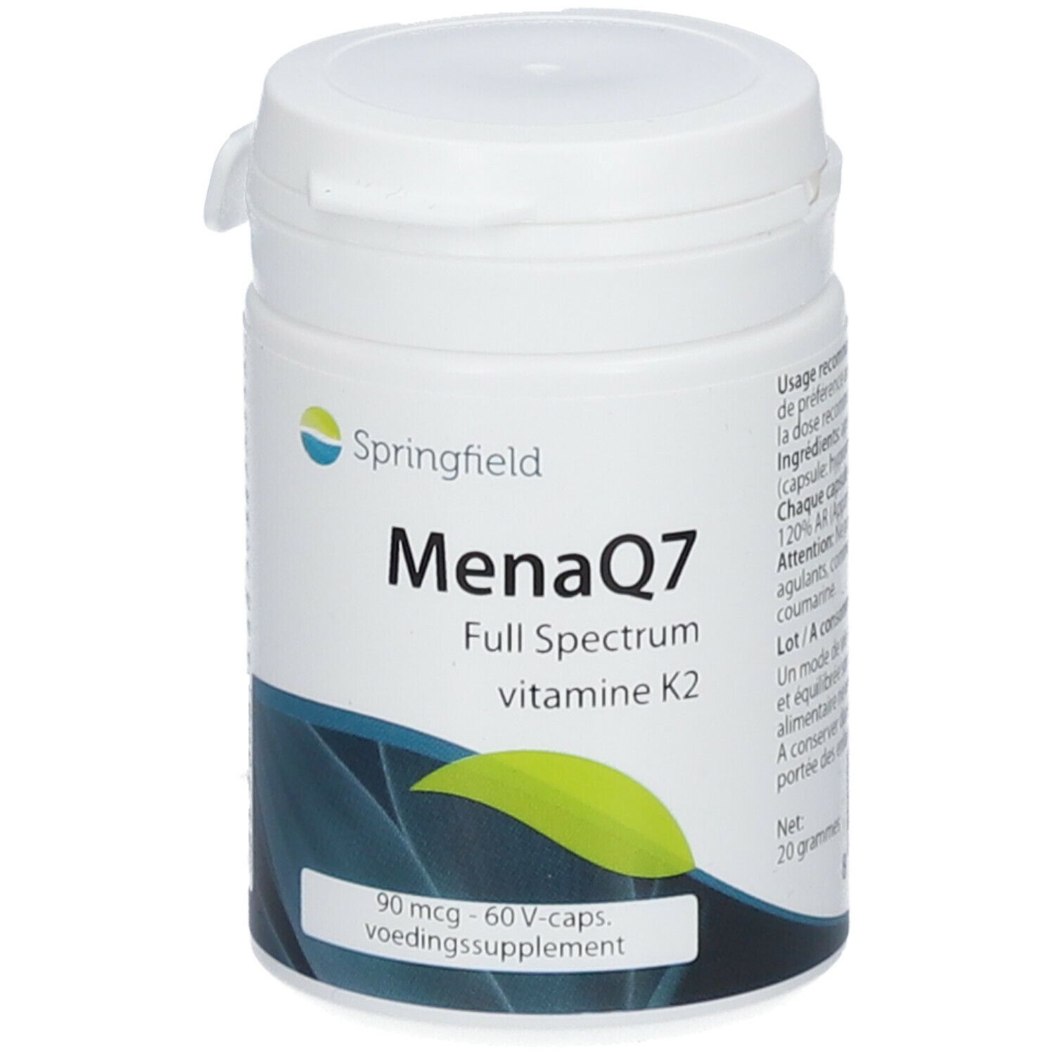 Boîte blanche Springfield MenaQ7. Inscription: Full Spectrum vitamine K2. Contient 90 mcg, 60 V-Caps. Voedingssupplement.