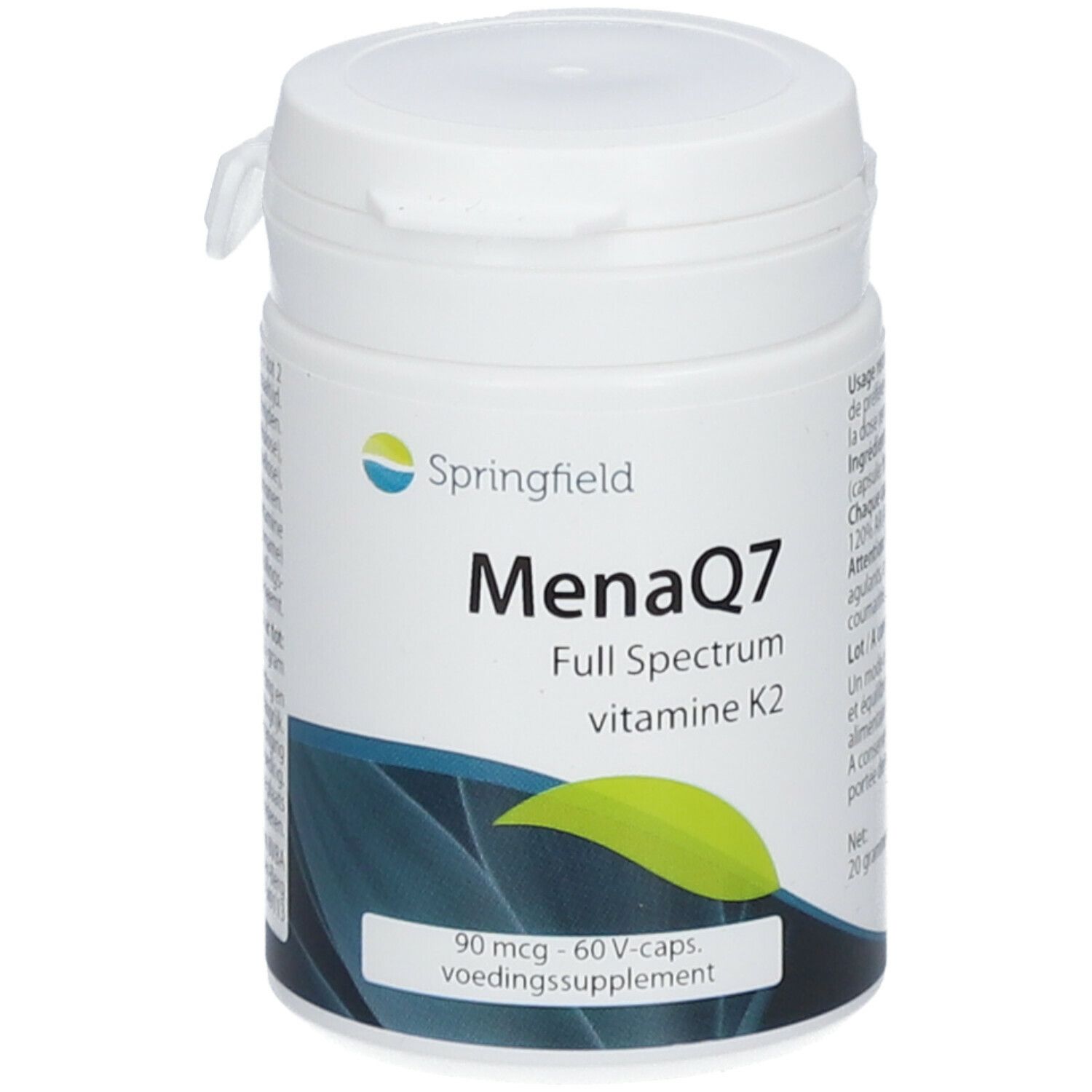 Boîte blanche Springfield MenaQ7. Inscription: Full Spectrum vitamine K2. Contient 90 mcg, 60 V-Caps. Voedingssupplement.