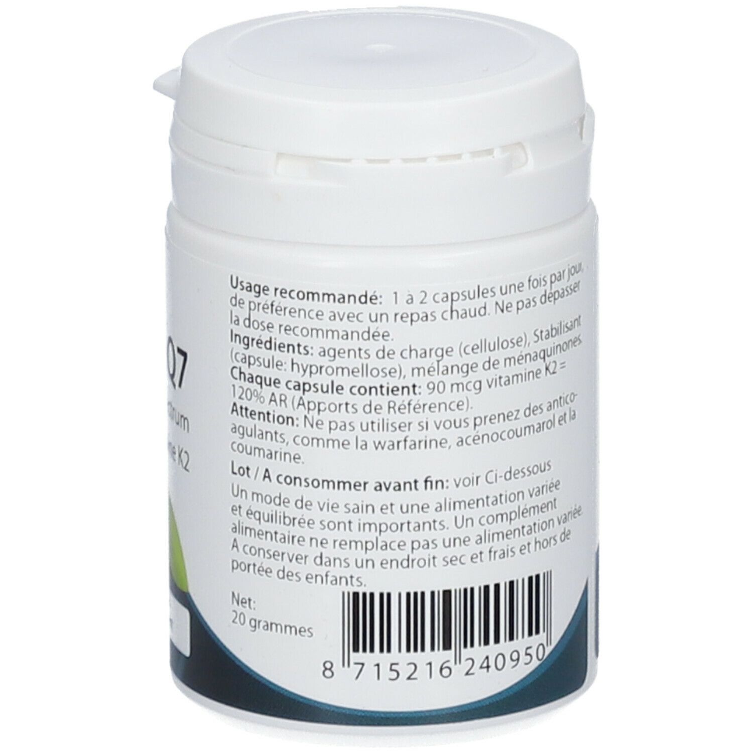 Dos du pot blanc Springfield MenaQ7. Texte en français. Contient 20 grammes. Code-barres et informations fabricant.
