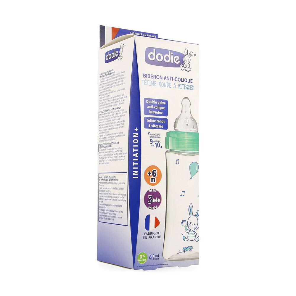 Biberon Dodie, anti-colique, +6 mois. Tétine ronde. Bouchon vert, biberon transparent. Drapeau français.