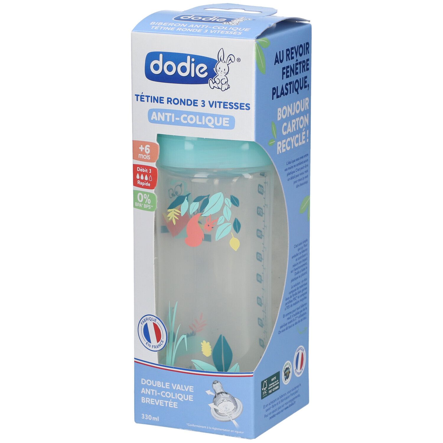 Biberon Dodie, tétine ronde 3 vitesses, anti-colique, +6 mois. Emballage avec fenêtre plastique. 330ml.