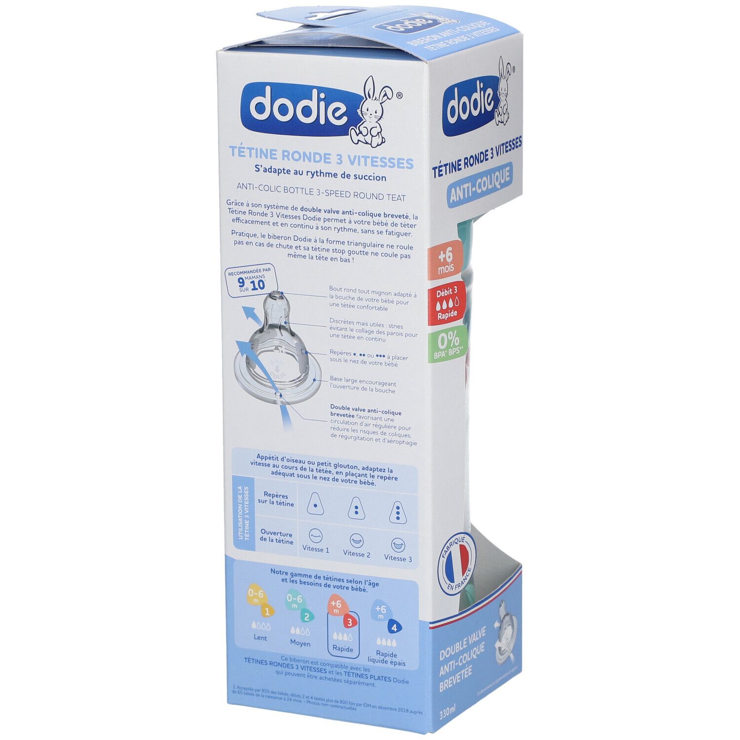 Emballage biberon Dodie. Détails tétine, système anti-colique, +6 mois. Drapeau français.