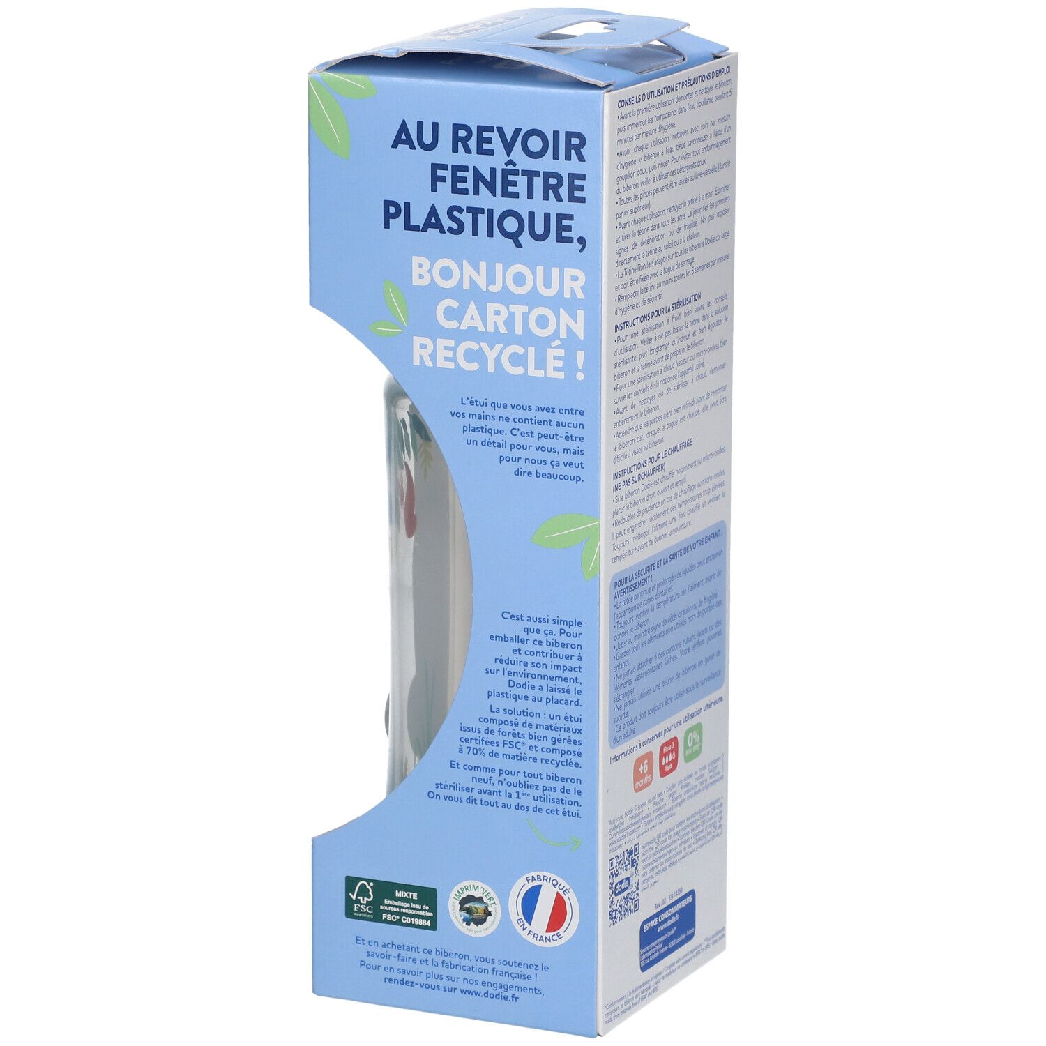 Emballage biberon Dodie. Texte: « Au revoir fenêtre plastique, bonjour carton recyclé ! » Drapeau français.