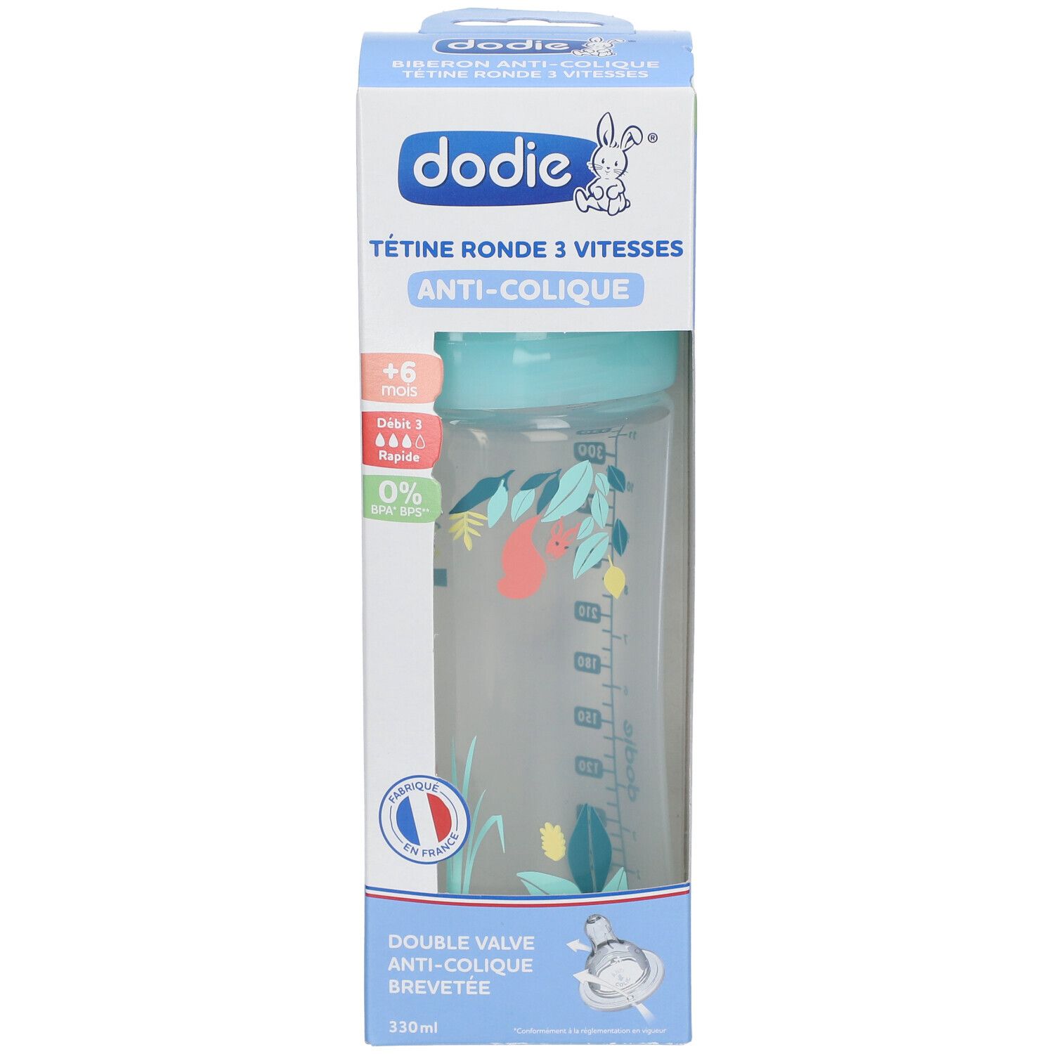 Biberon Dodie, +6 mois, anti-colique, 330ml. Bouchon bleu, biberon transparent avec motif floral.