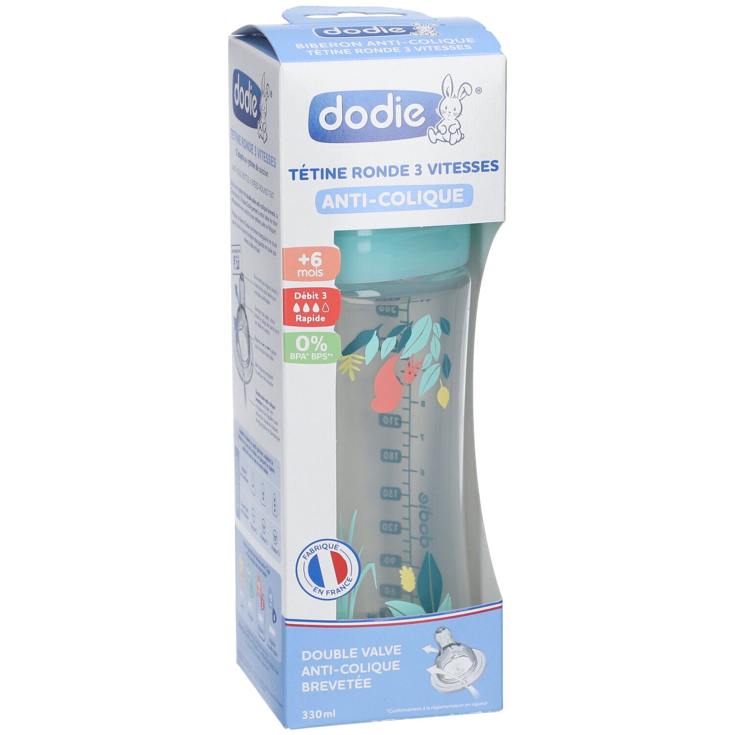 Biberon Dodie, +6 mois, anti-colique, 330ml. Bouchon bleu, biberon transparent avec motif floral.