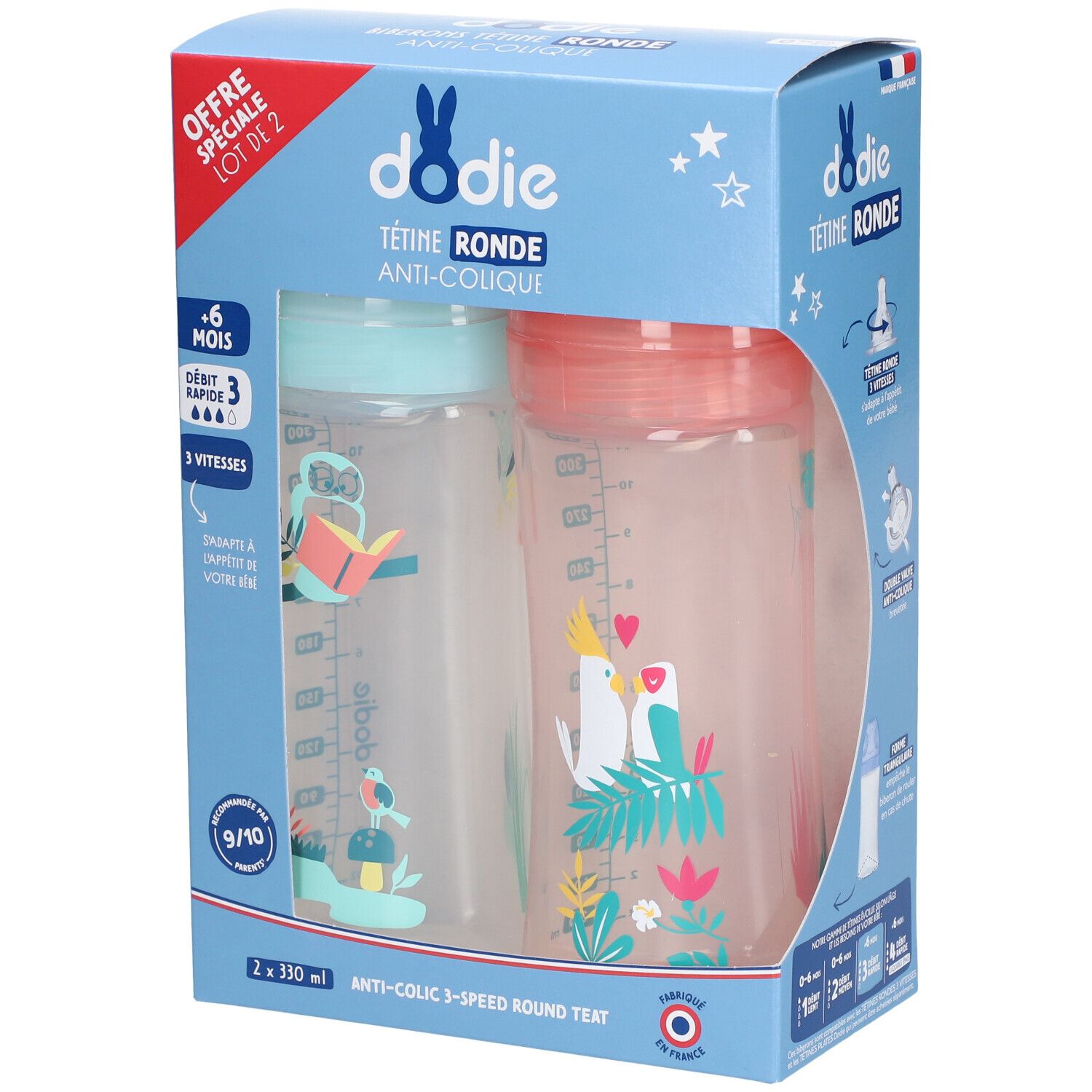 Verpackung mit zwei Babyflaschen. Aufschrift: Dodie, Tétine Ronde, Anti-Colique. Flaschen mit farbigen Deckeln und Illustrationen.