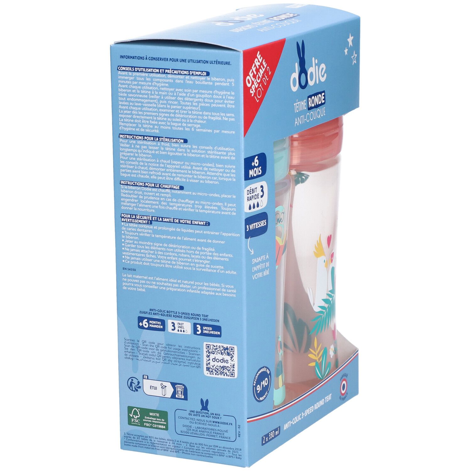 Rückseite der Verpackung mit zwei Babyflaschen. Text: Dodie, Tétine Ronde, Anti-Colique. Informationen zur Anwendung und Vorsichtsmaßnahmen.