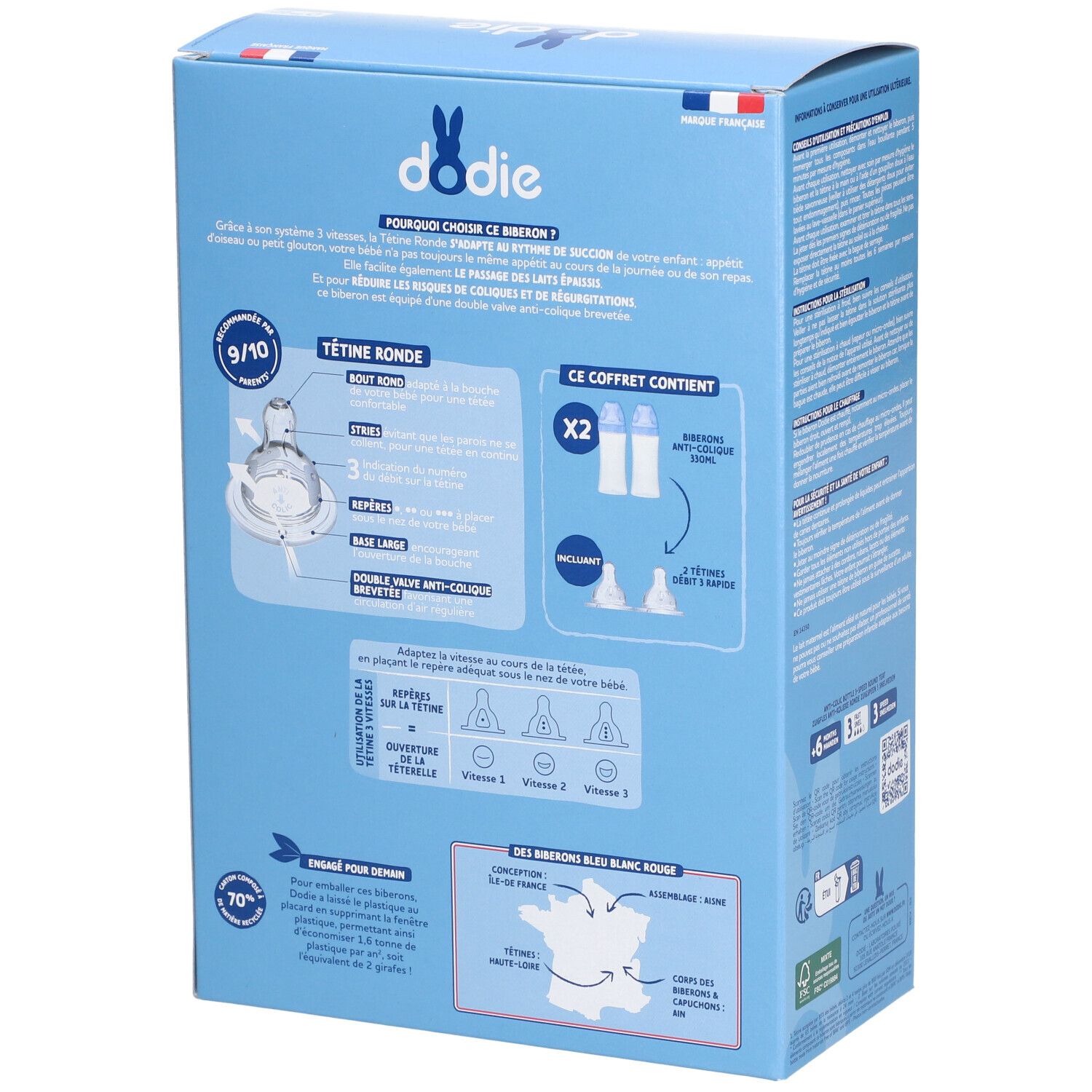 Rückseite der Verpackung mit Informationen zu den Babyflaschen. Text: Dodie, Tétine Ronde, Anti-Colique. Enthält zwei Flaschen und zwei Sauger.