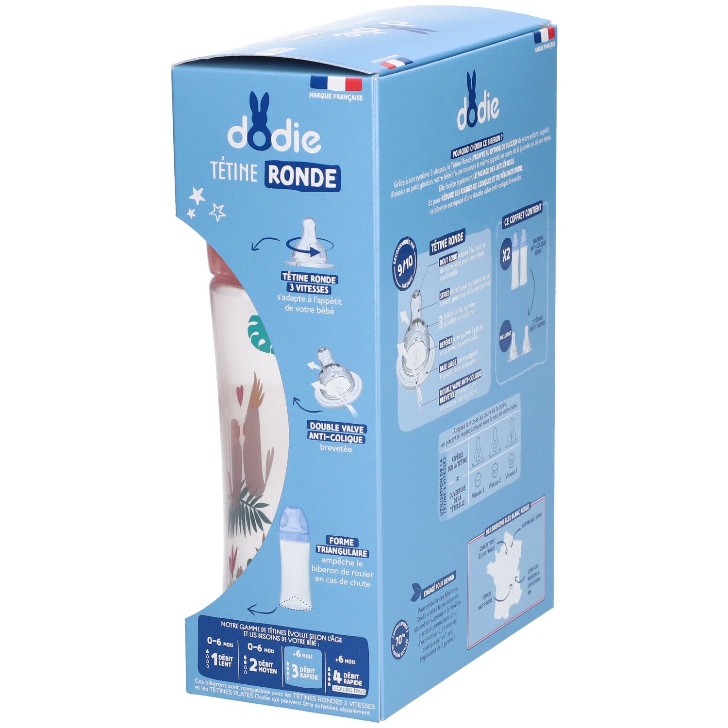 Seite der Verpackung mit Informationen zu den Babyflaschen. Text: Dodie, Tétine Ronde, Anti-Colique. Illustrationen und Produktmerkmale.