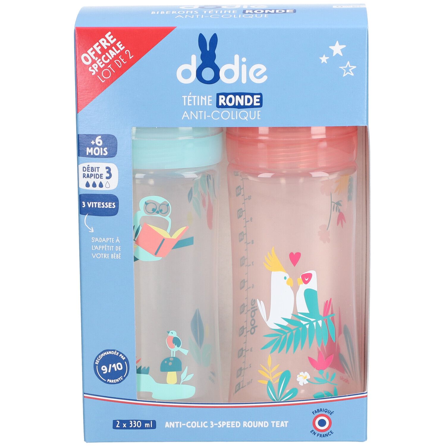 Verpackung mit zwei Babyflaschen. Aufschrift: Dodie, Tétine Ronde, Anti-Colique. Flaschen mit farbigen Deckeln und Illustrationen.