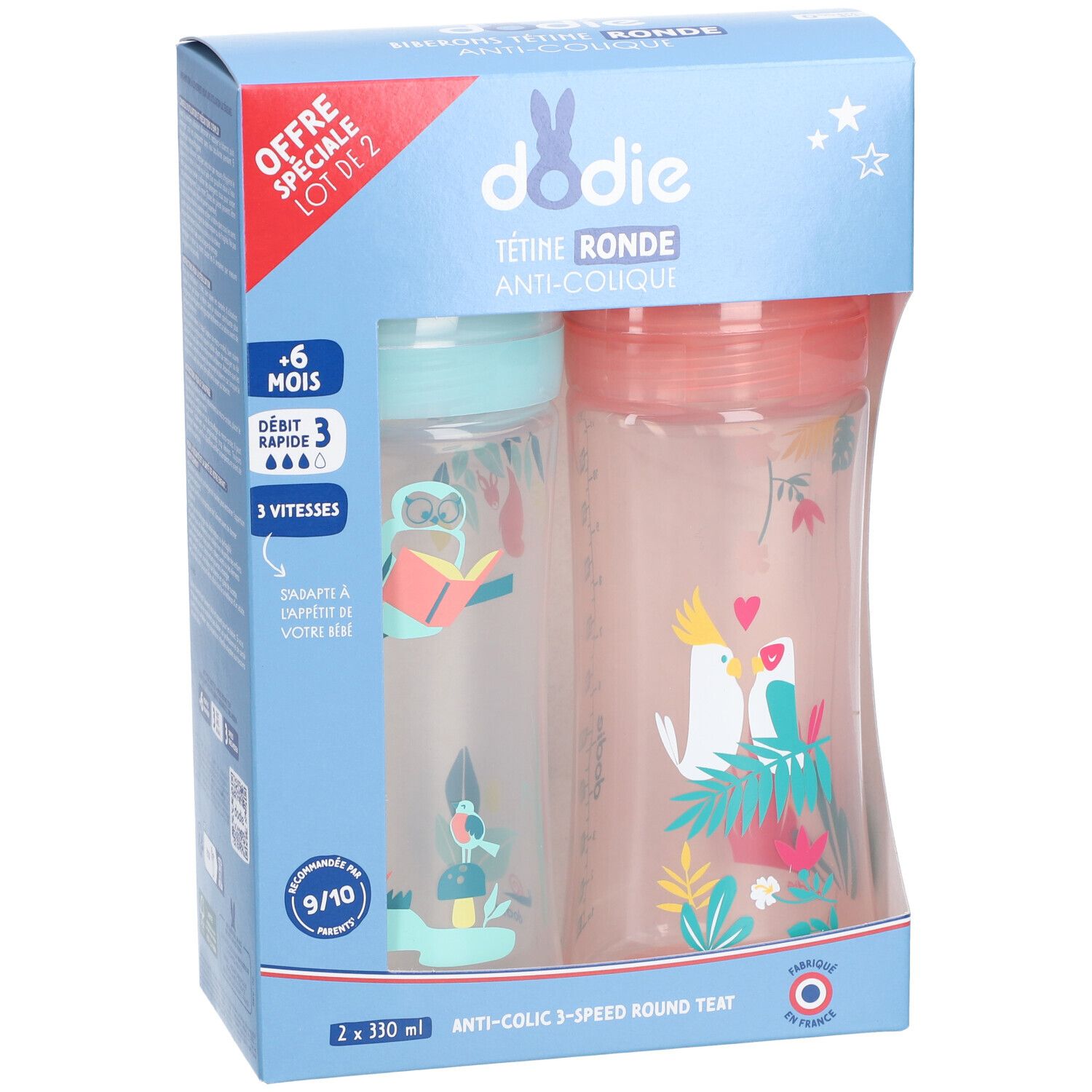 Verpackung mit zwei Babyflaschen. Aufschrift: Dodie, Tétine Ronde, Anti-Colique. Flaschen mit farbigen Deckeln und Illustrationen.