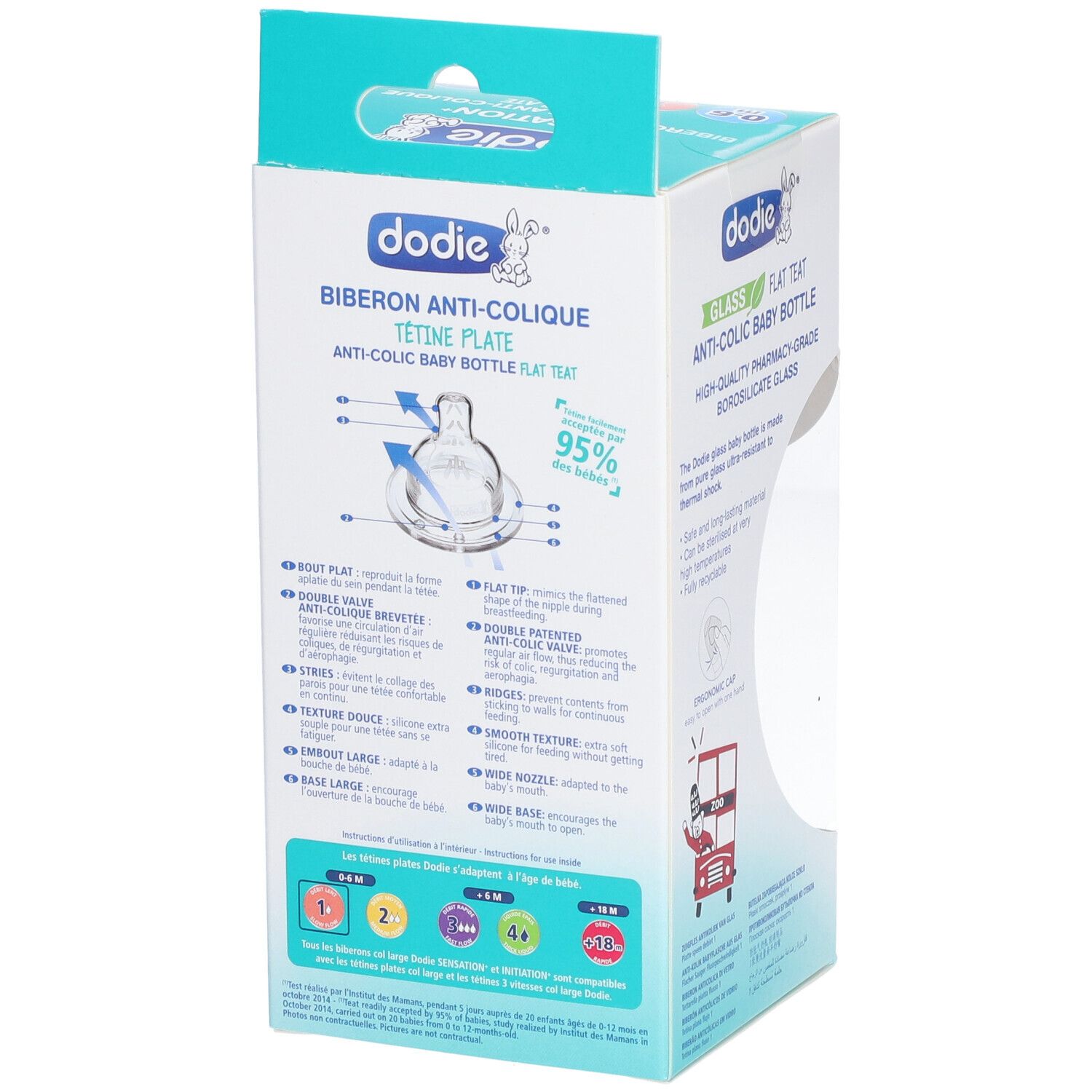 Emballage biberon Dodie anti-colique. Tétine plate. Détails techniques et caractéristiques du produit.