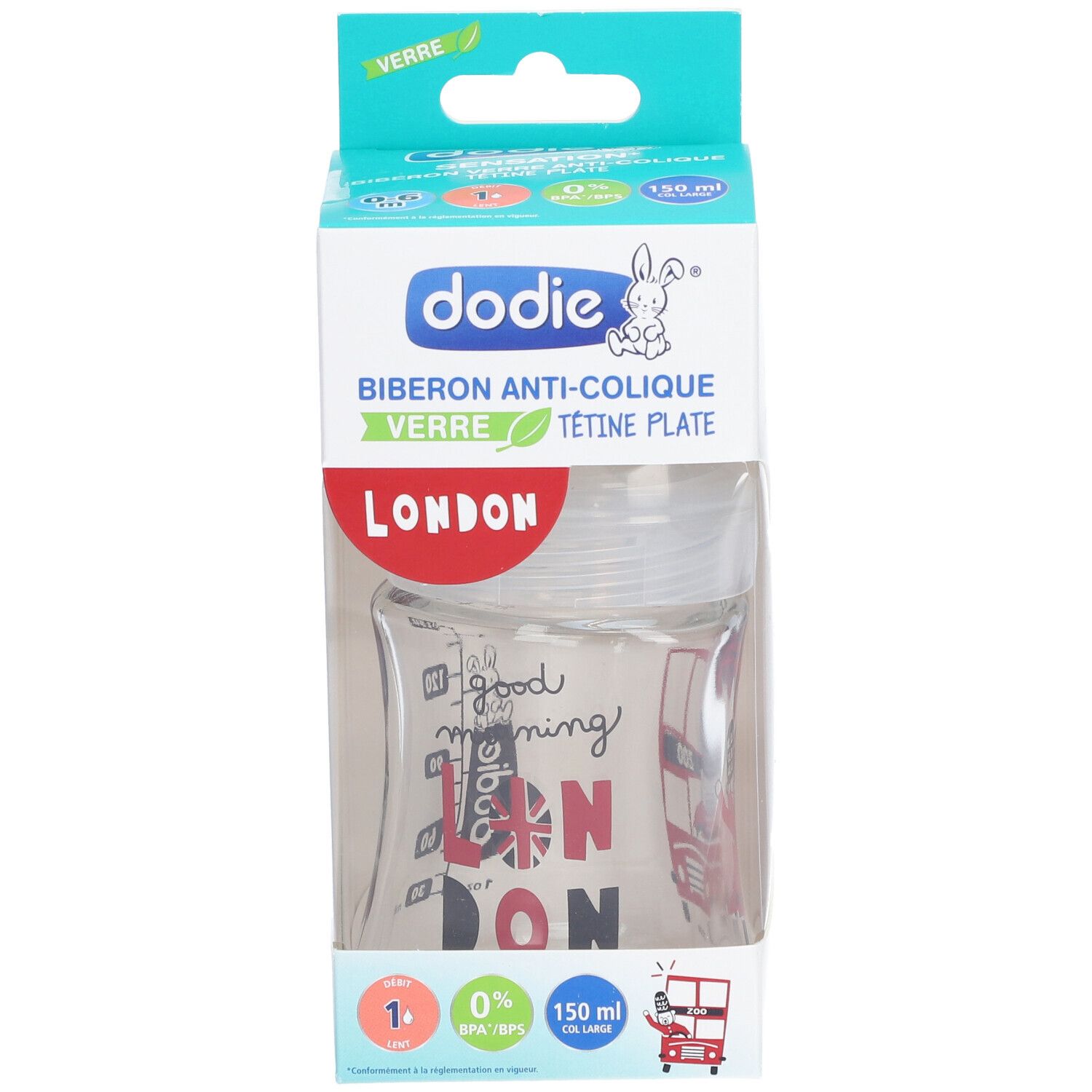 Biberon Dodie anti-colique en verre. Motif Londres. Tétine plate. 150 ml. Emballage.