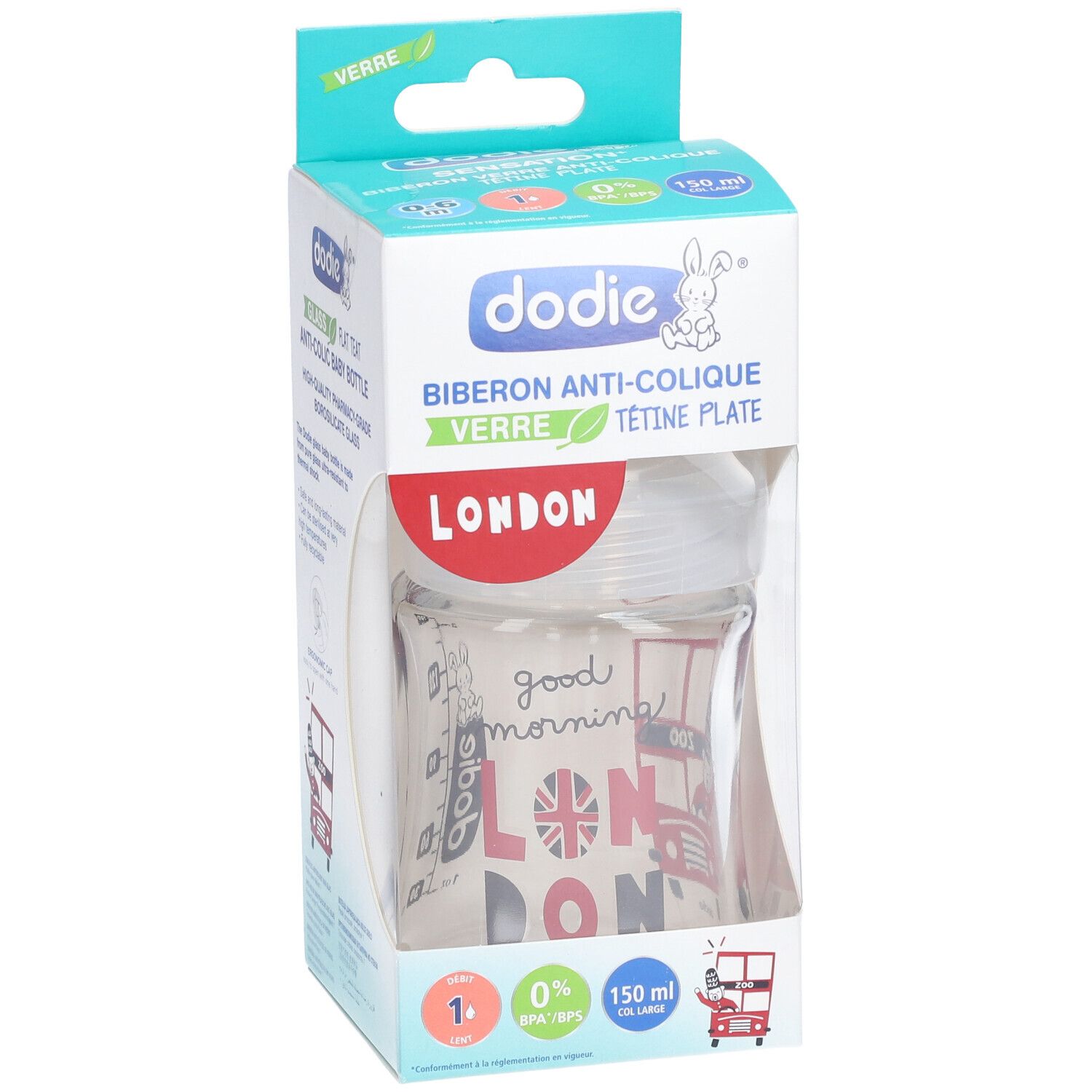 Biberon Dodie anti-colique en verre. Motif Londres. Tétine plate. 150 ml. Emballage.