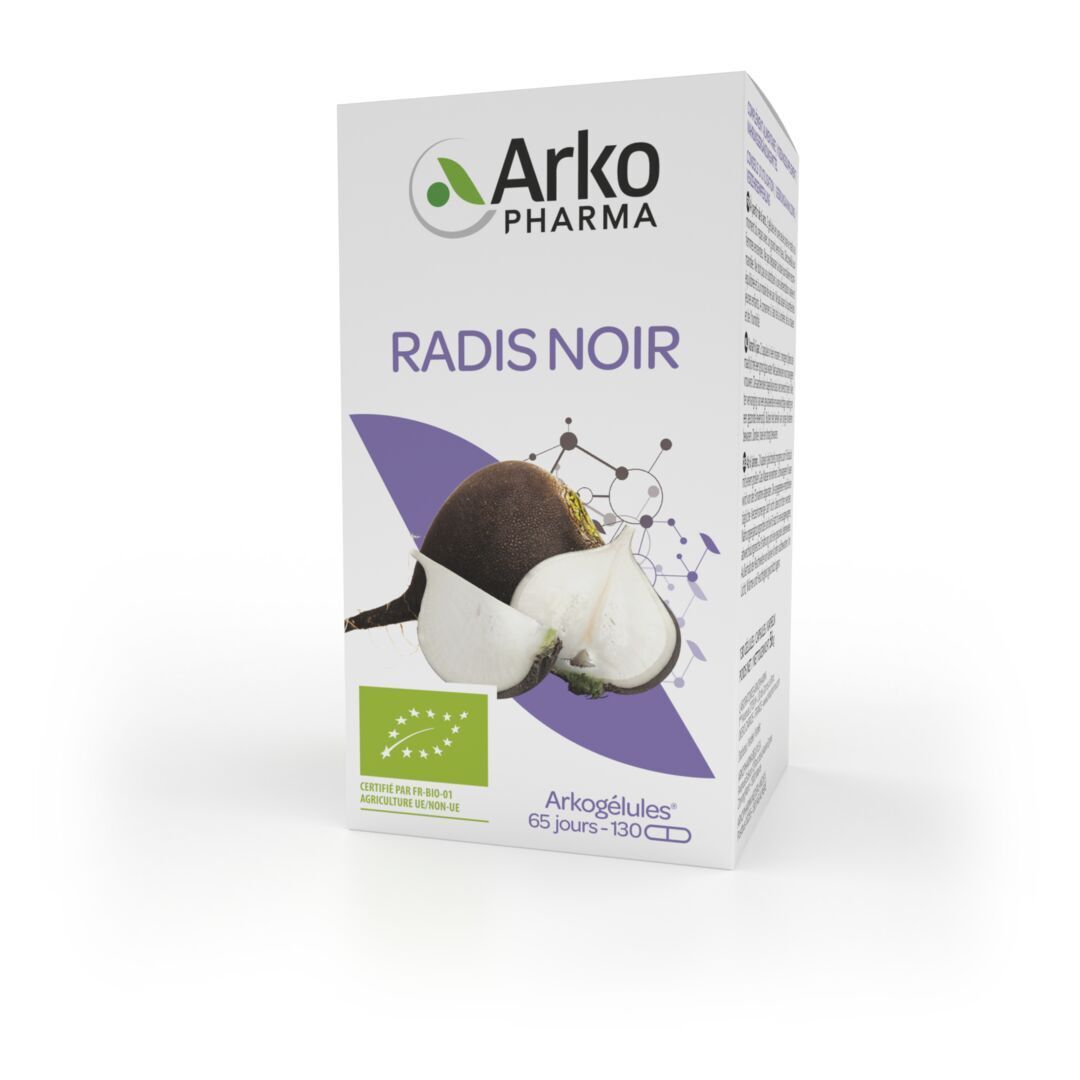 Emballage avec logo, nom du produit et illustration de radis noir. Texte en français.