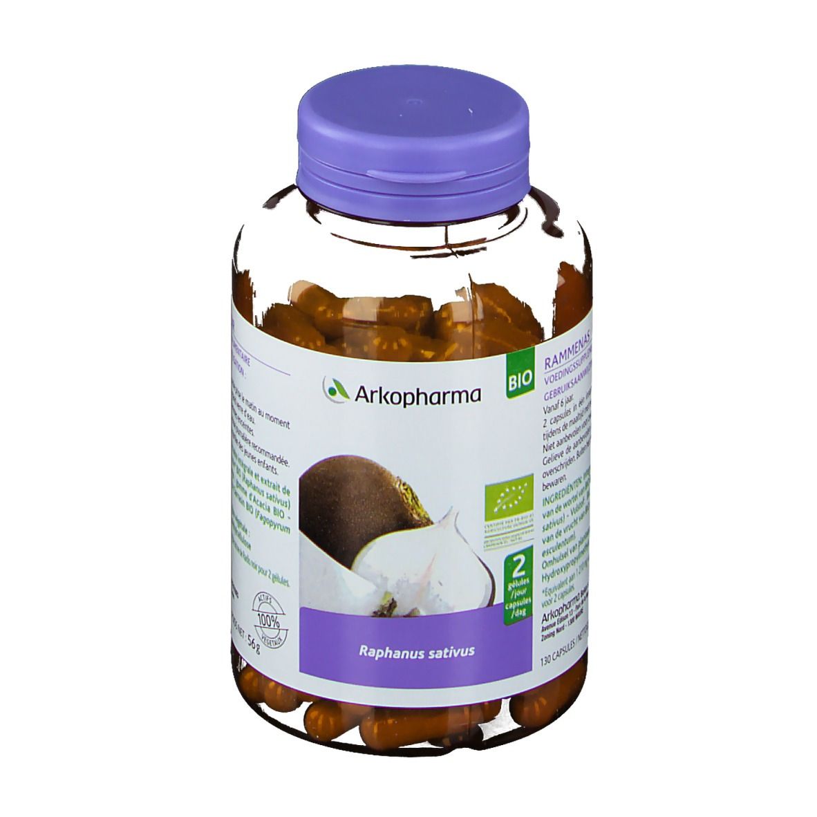 Flacon transparent de gélules brunes. Bouchon violet. Étiquette avec logo et informations. Illustration de radis noir.