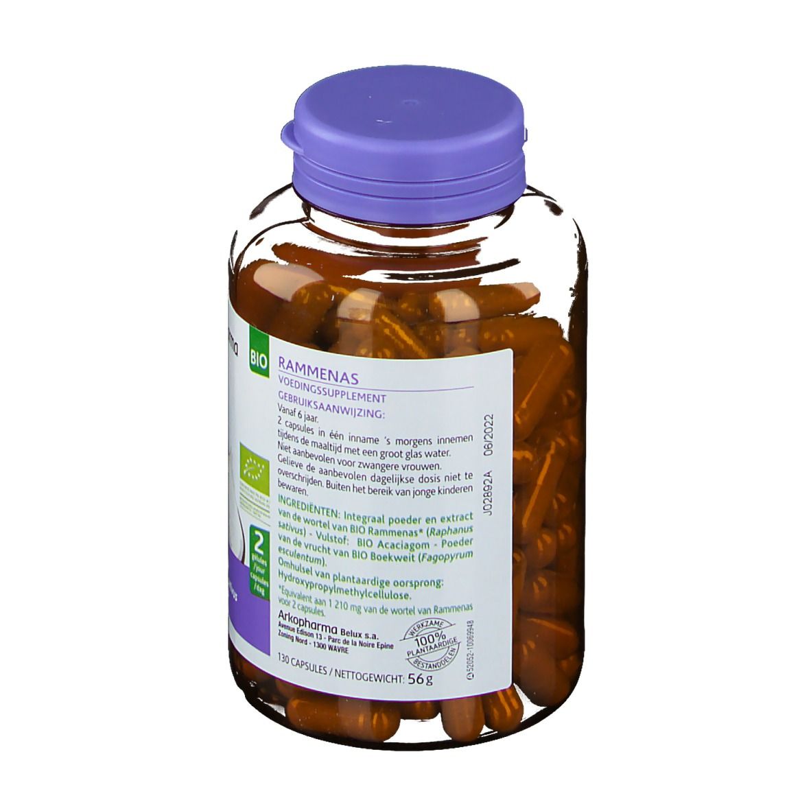 Vue arrière du flacon de gélules brunes. Bouchon violet. Étiquette avec informations produit. Texte en néerlandais.