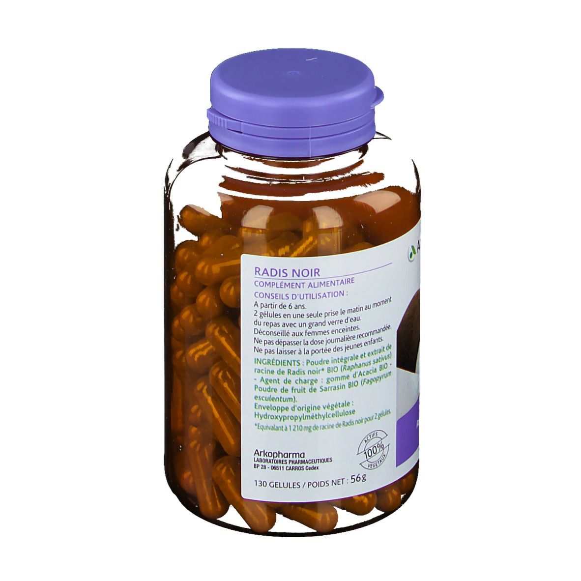 Vue arrière du flacon de gélules brunes. Bouchon violet. Étiquette avec informations produit. Texte en français.