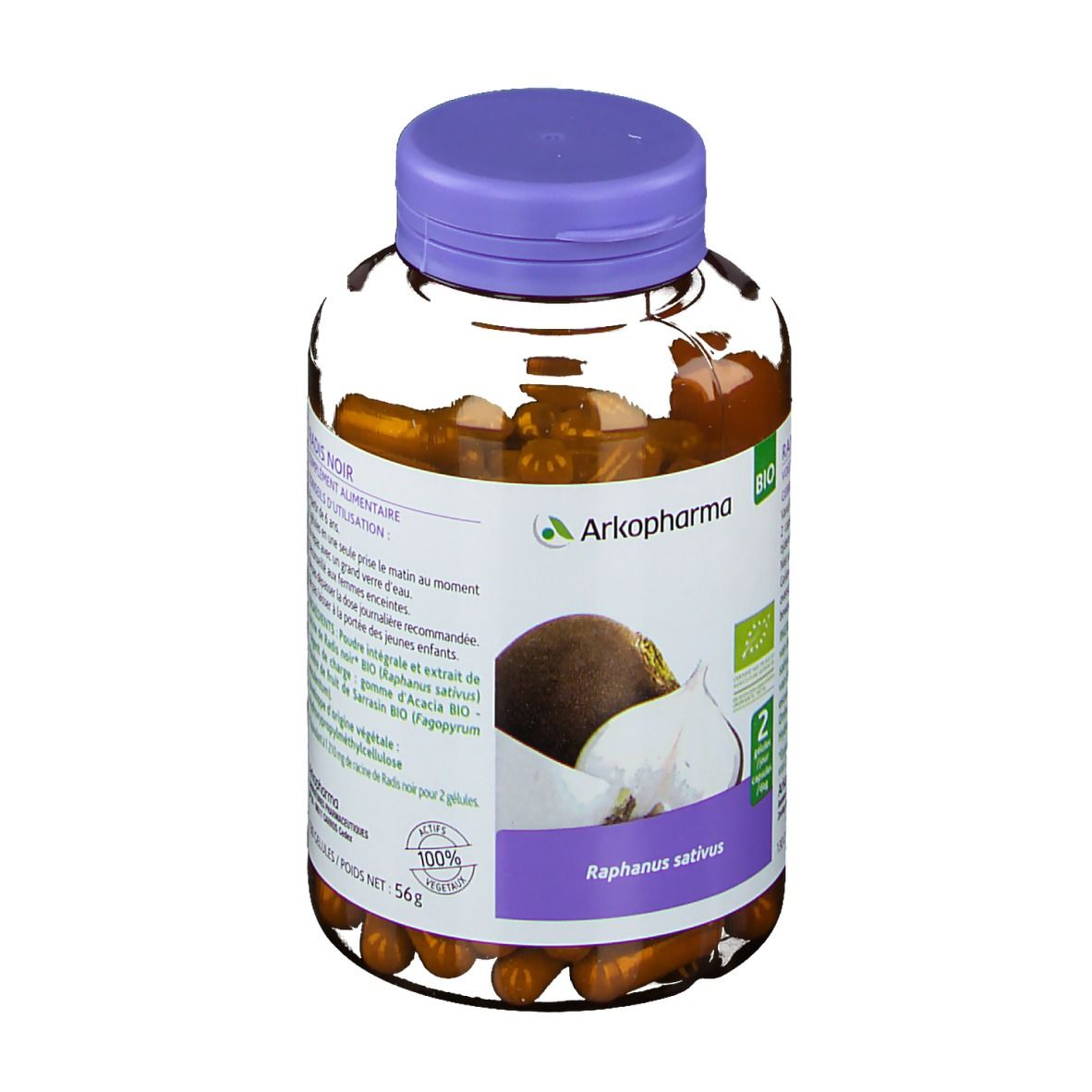 Flacon de gélules brunes. Bouchon violet. Étiquette avec logo, illustration de radis noir et nom du produit.