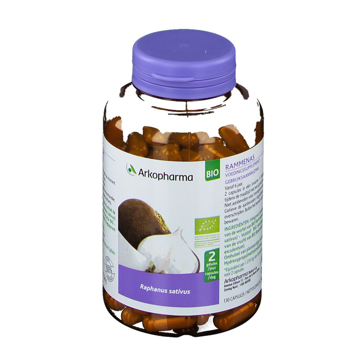 Flacon de gélules brunes. Bouchon violet. Étiquette avec logo, illustration de radis noir et nom du produit.