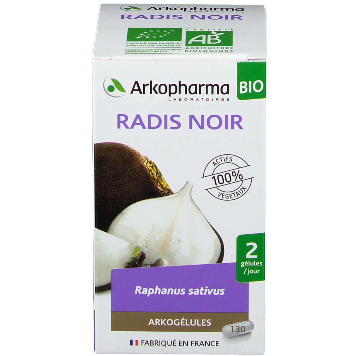 Emballage avec logo, nom du produit et illustration de radis noir. Texte en français.