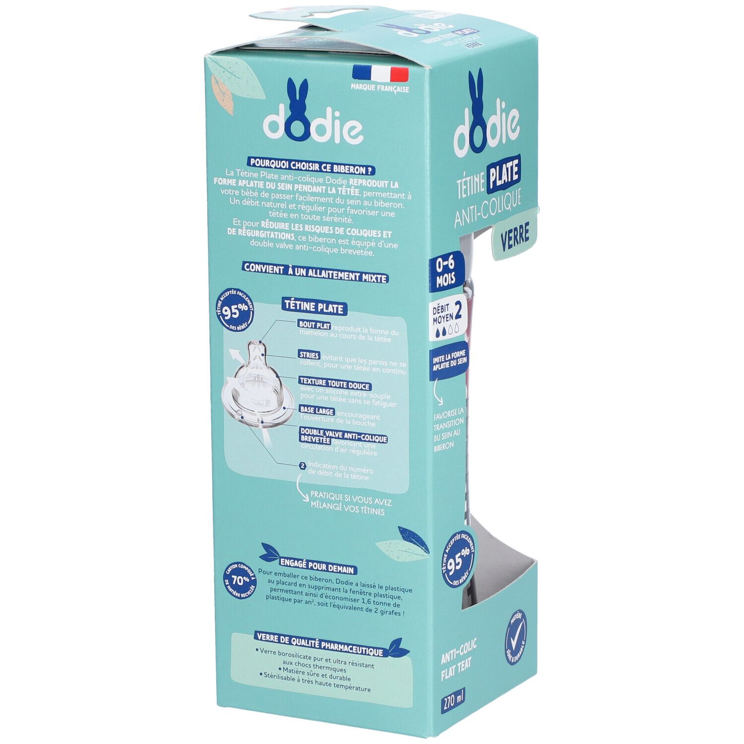 Emballage biberon Dodie. Caractéristiques: anti-colique, tétine plate, 0-6 mois. Informations en français.