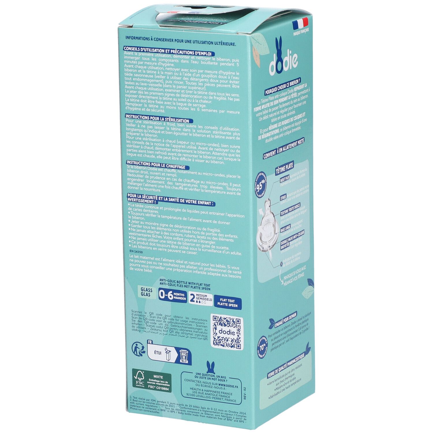 Emballage biberon Dodie. Informations produit, mode d'emploi. Informations en français.