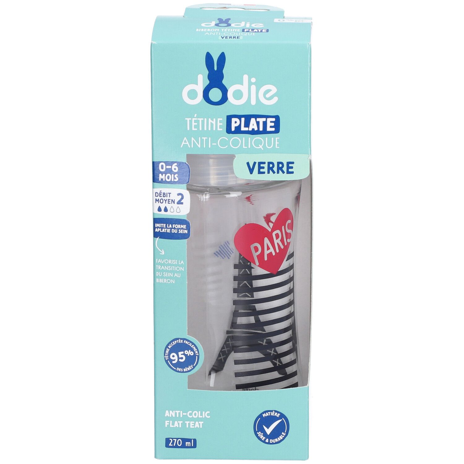 Biberon Dodie, motif Paris. Tétine plate, anti-colique. 270 ml. Emballage avec informations produit.
